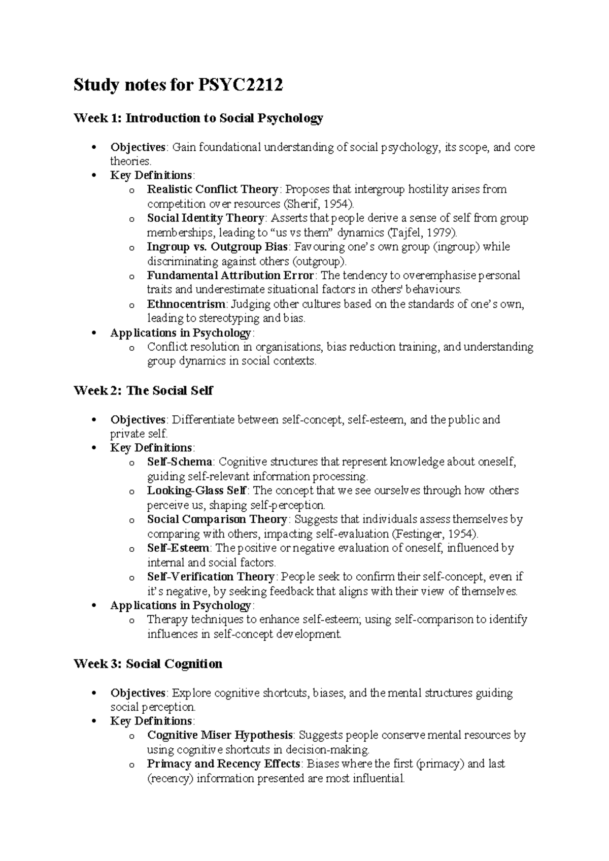 Study Notes for PSYC2212: Social Psychology Overview and Key Concepts ...