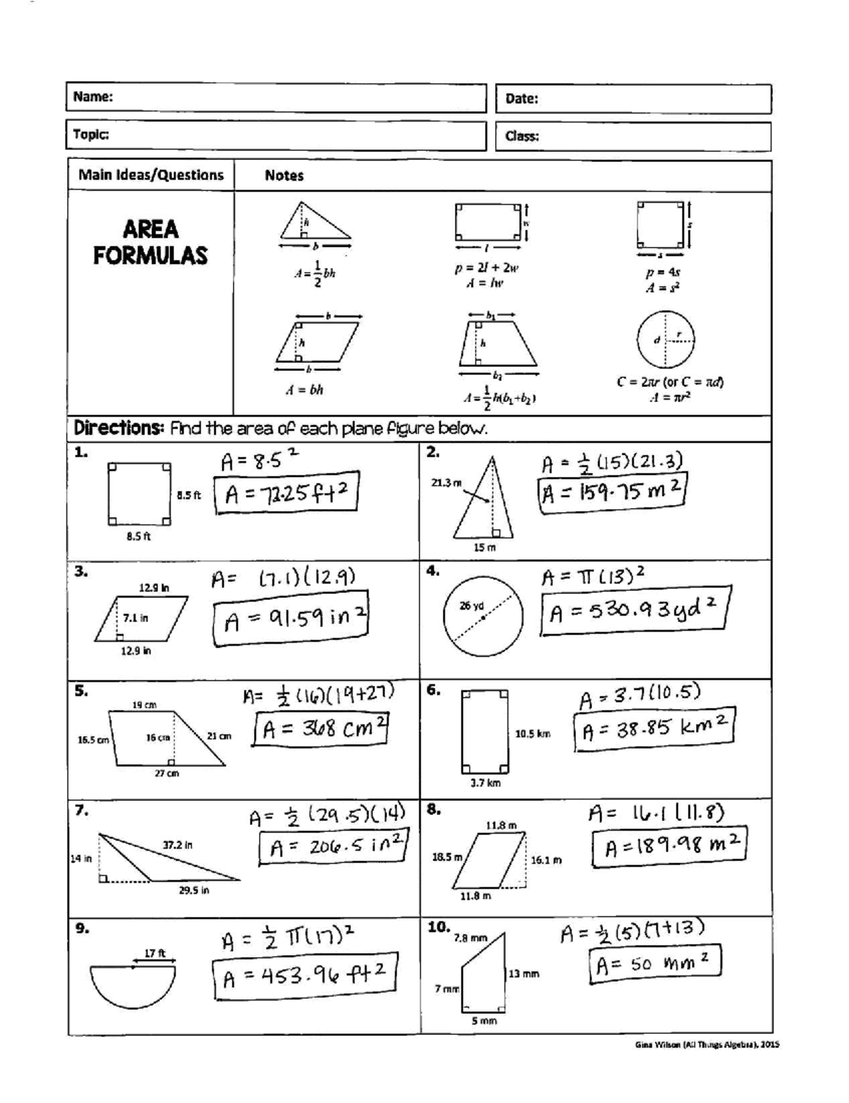 Unit 11: Area and Volume Notes for Geometry (Key) - Studocu