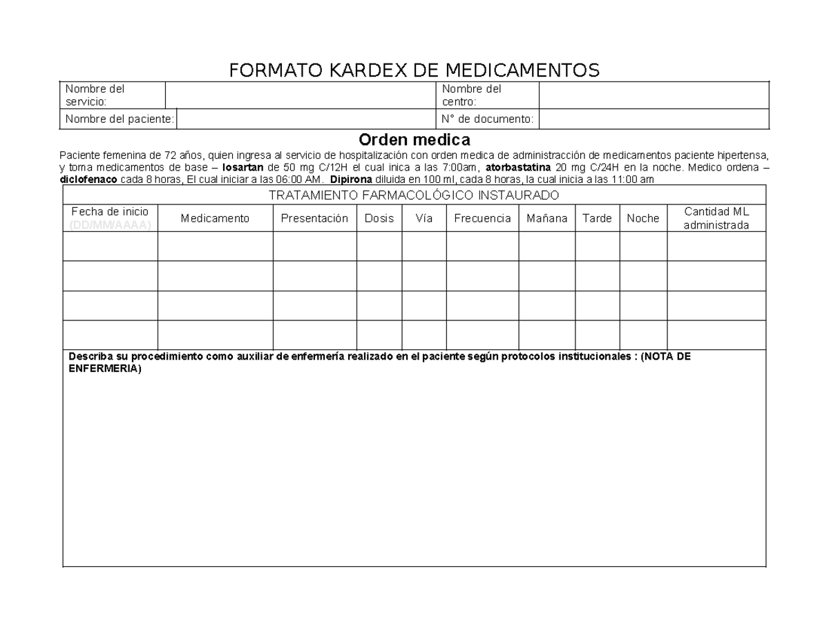 Kardex de Medicamentos: Paciente Femenina de 72 Años - Nota de ...