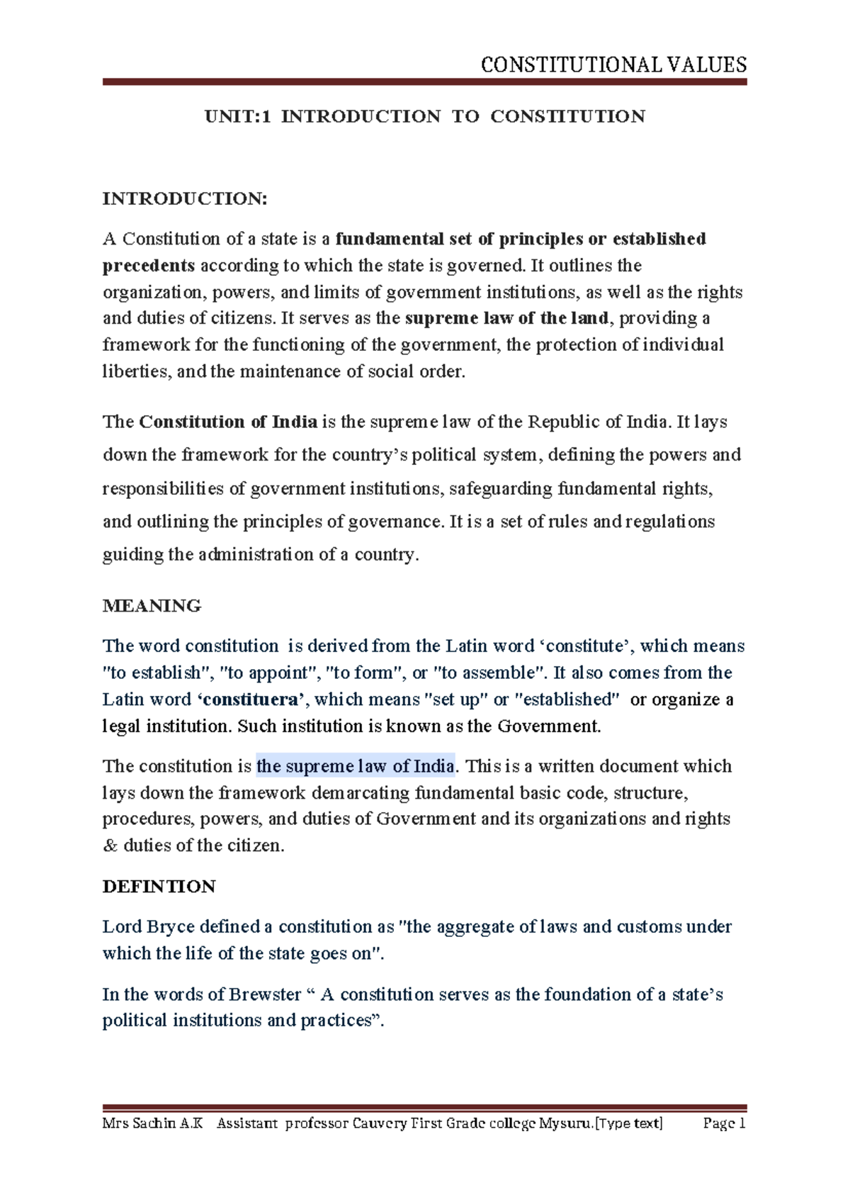 Unit 1 Introduction to Constitution - UNIT:1 INTRODUCTION TO ...