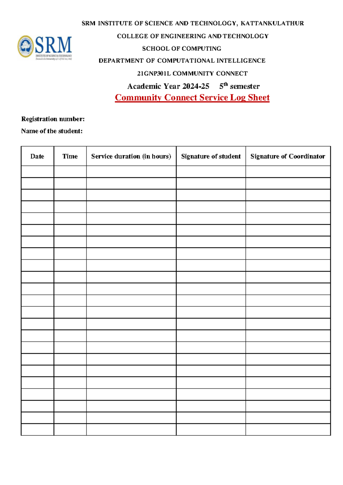 Log Sheet - Community Connect - SRM INSTITUTE OF SCIENCE AND TECHNOLOGY ...