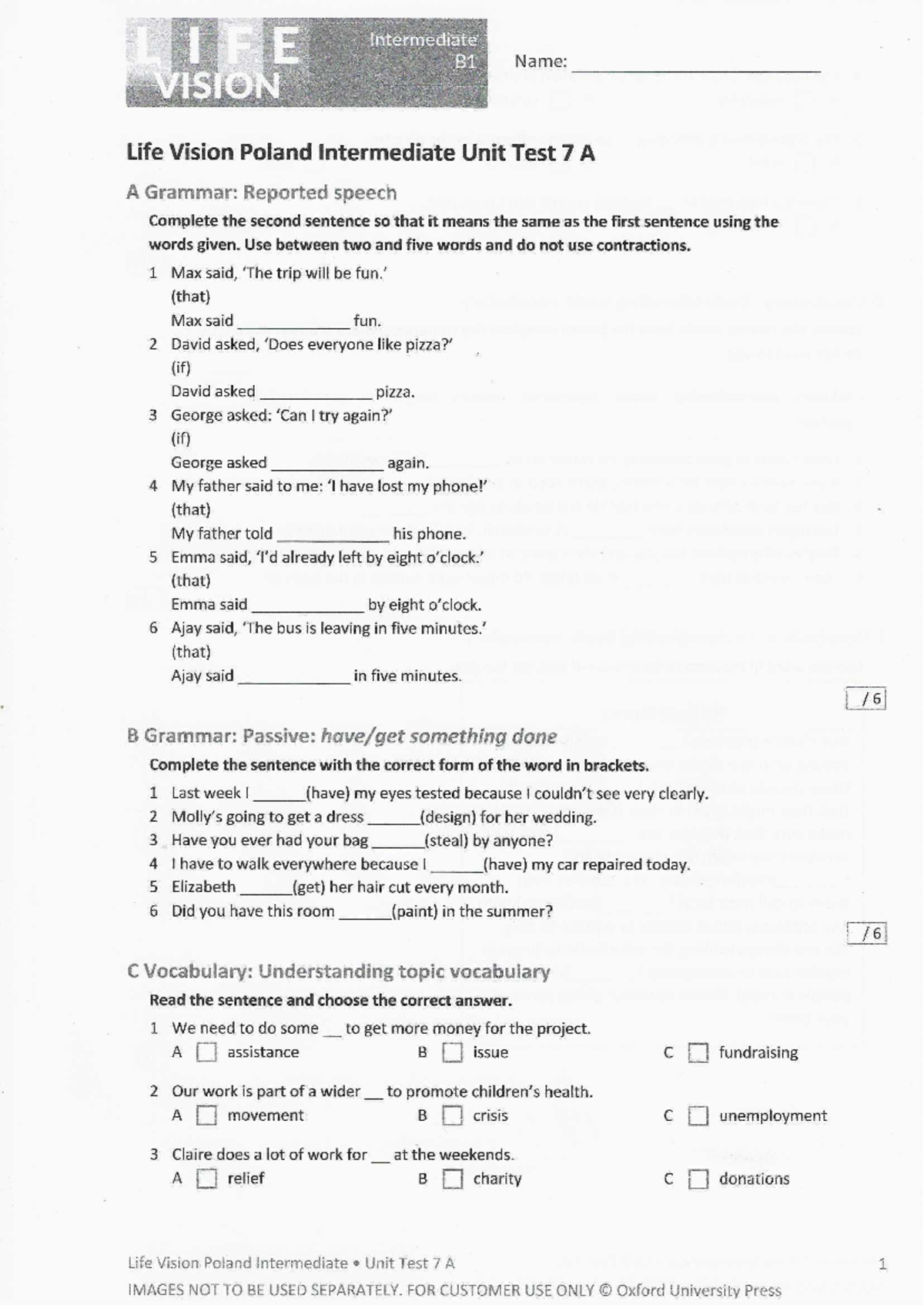 Intermediate B1 Unit Test 7: Grammar & Vocabulary - Life Vision - Studocu