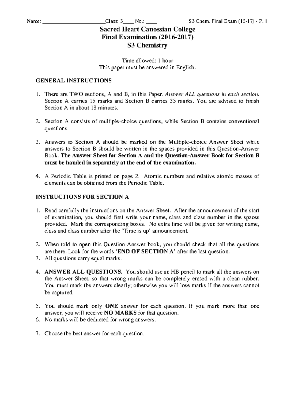 S3 Chem. Final Exam 2023 - Past Paper Review - Studocu