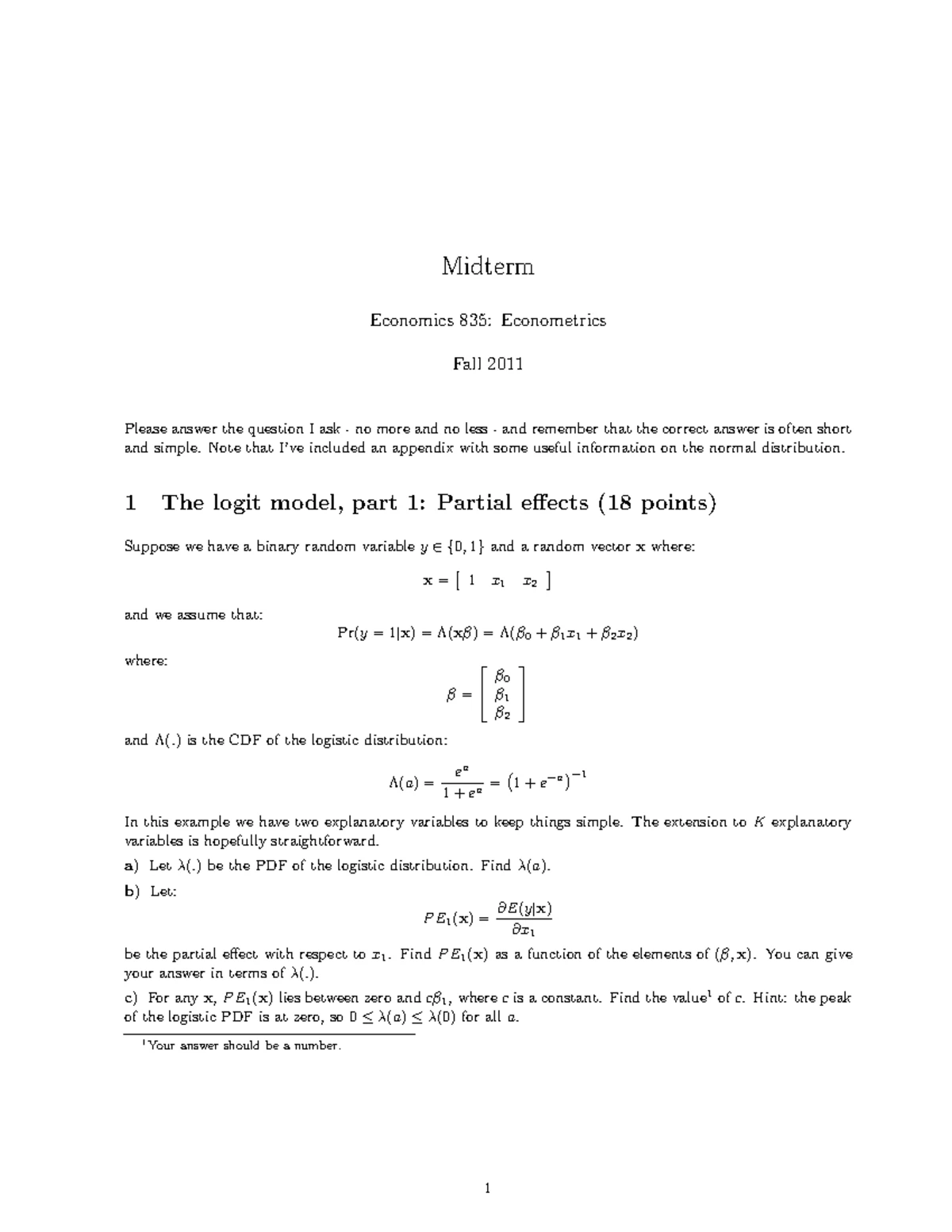 Fall 2011 Midterm Exam Answer Key - Midterm Answer Key Economics 835 ...