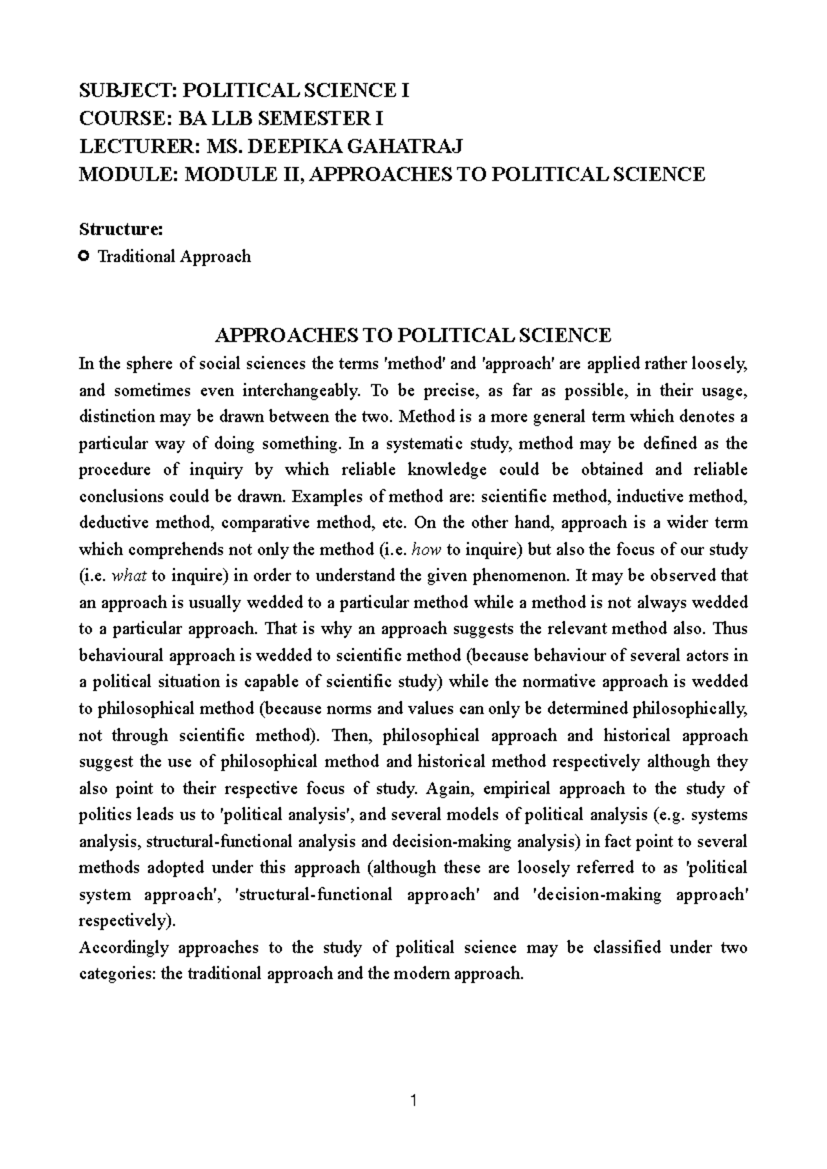 Approaches to the Study of Political Science (POLITICAL SCIENCE I ...