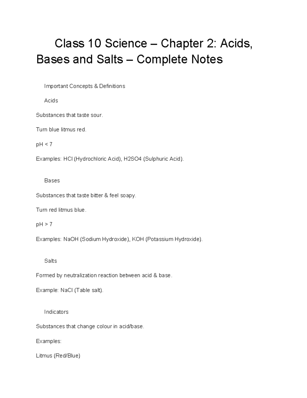 🌟 Class 10 Science - Chapter 2: Acids, Bases & Salts - Key Concepts ...
