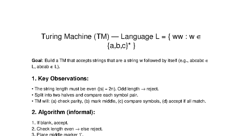 Turing Machine Poster: Accepting Language L ww (TM) - Studocu