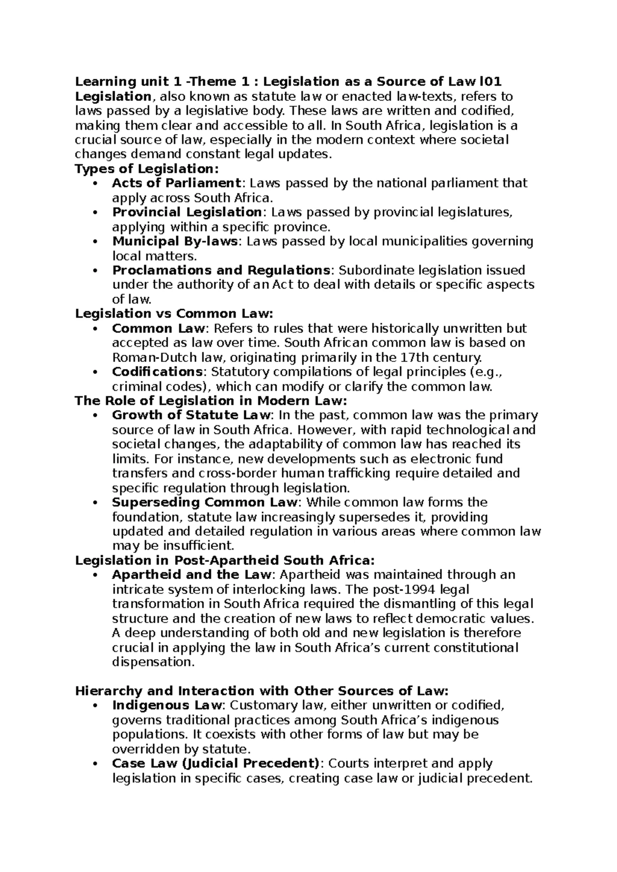 Legislation Definitions and Summaries for Chapters 1-9 (Course Code ...