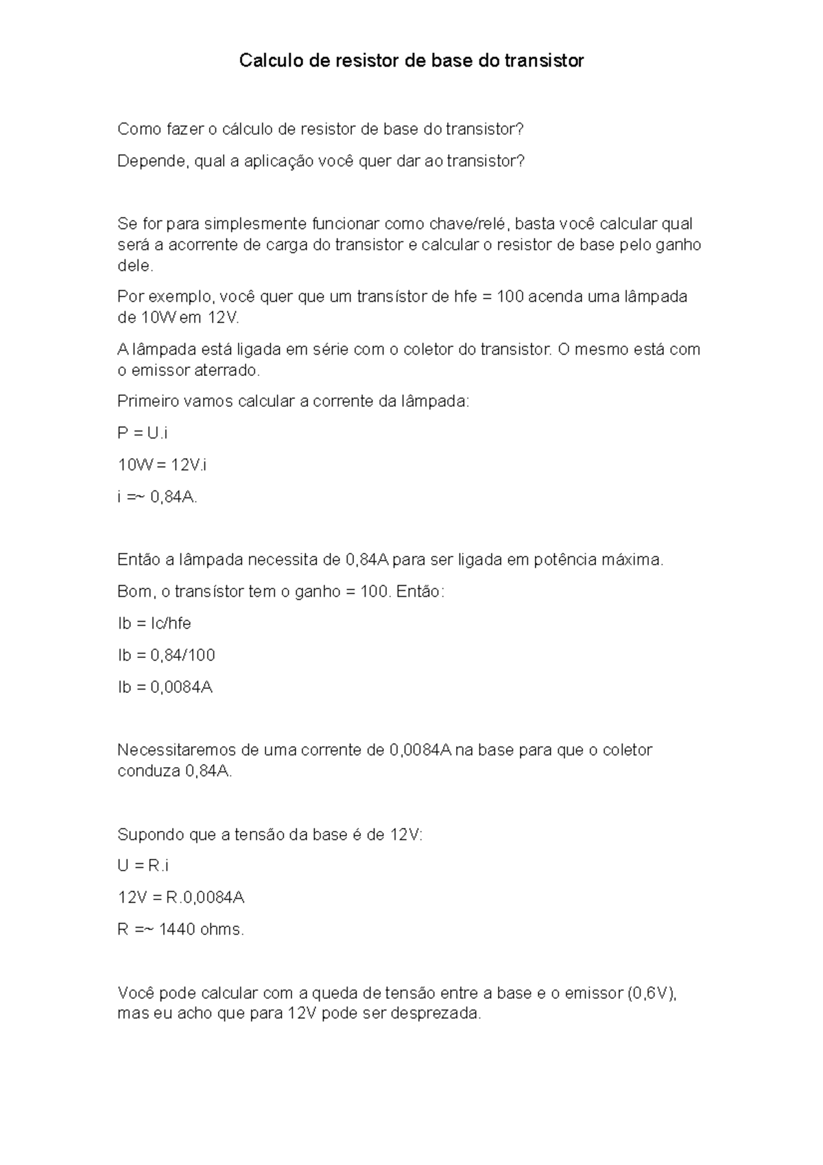 Calculo de resistor de base do transistor Cálculo de resistor de base ...