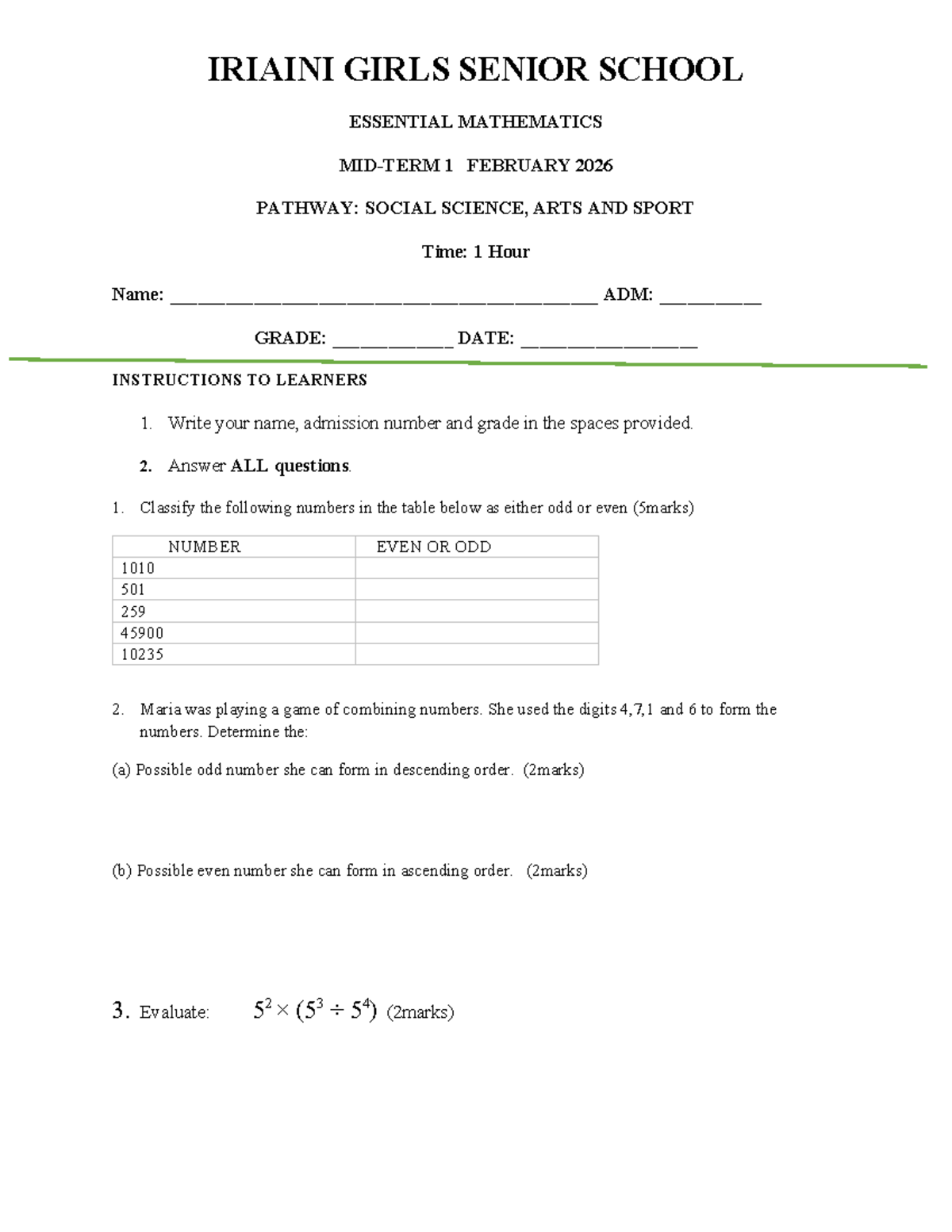 Grade 10 Essential Mathematics Assessment - February 2026 - Studocu