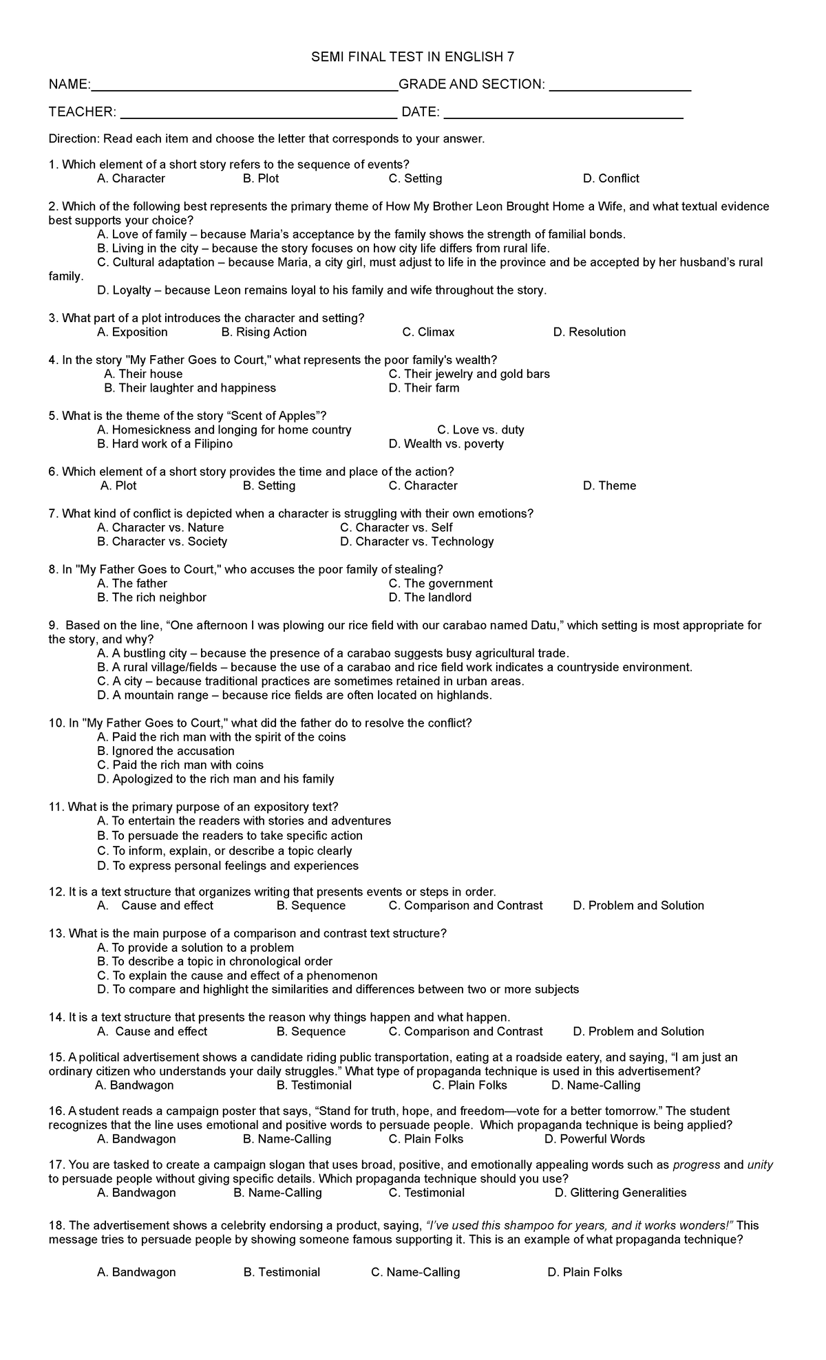 SEMI FINAL TEST IN ENGLISH 7: Short Story Elements & Text Structures ...