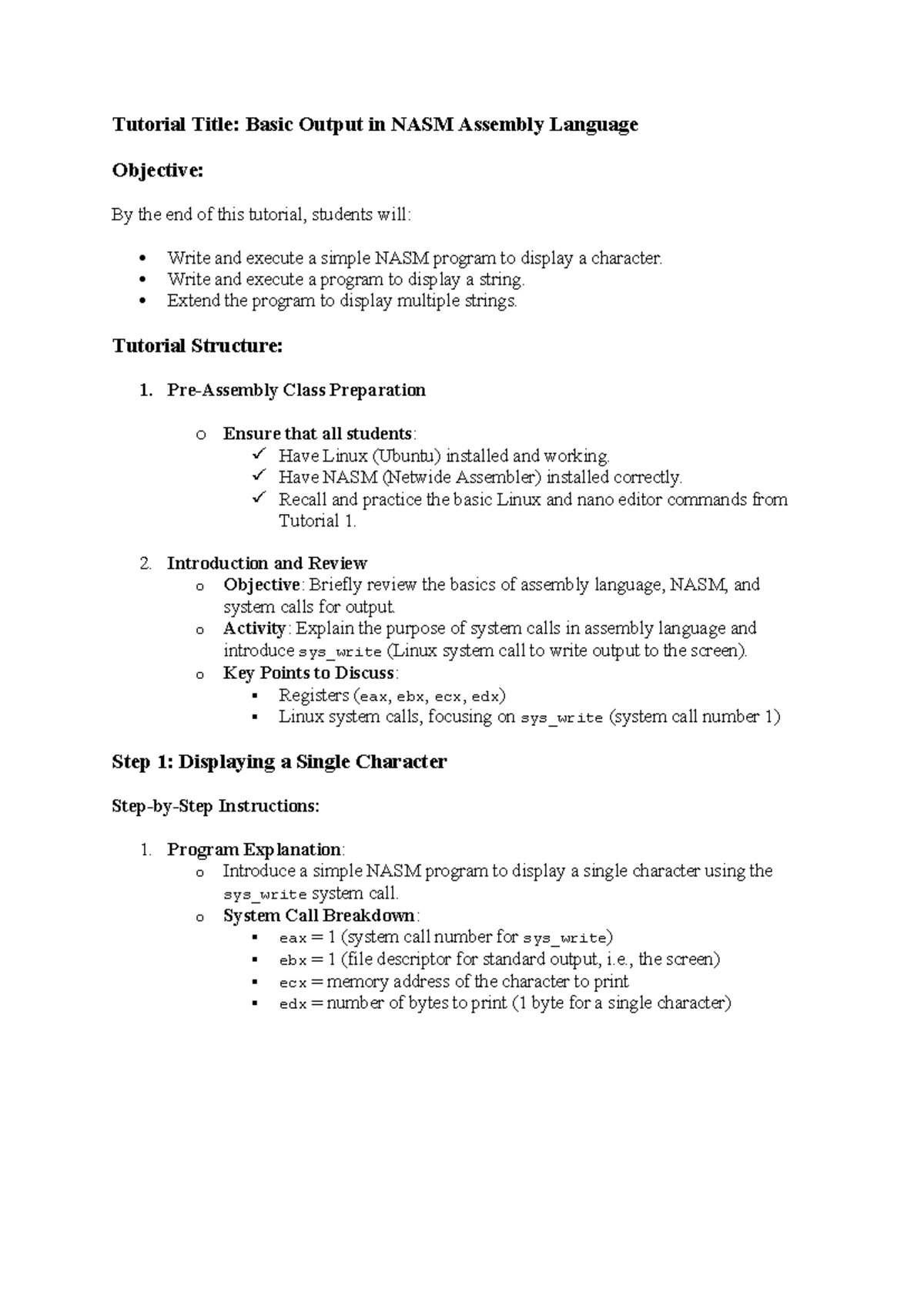 T4 Tutorial: Basic Output Operations in NASM Assembly Language - Studocu