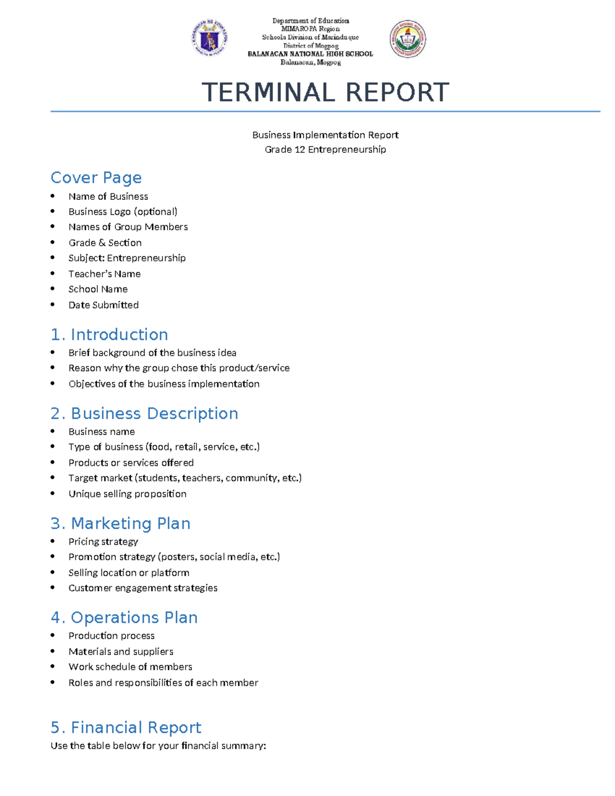 Grade 12 Entrepreneurship Terminal Report: Business Implementation ...