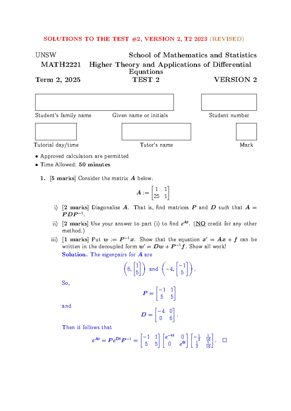MATH 2221 Practice Test 2 - Differential Equations Solutions - Studocu
