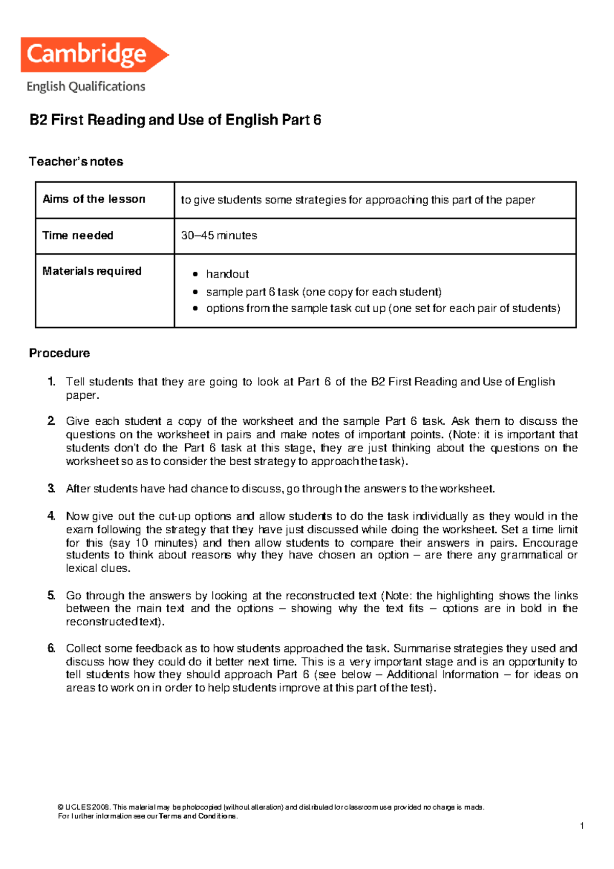 B2 First Reading and Use of English - Part 6 Teaching Strategies - Studocu
