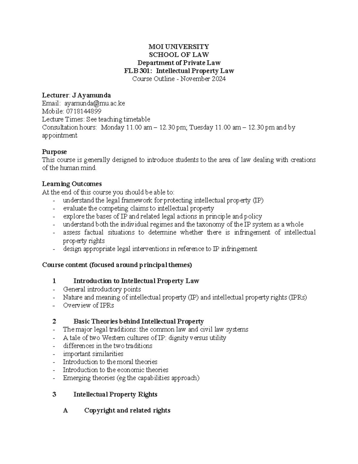 FLB 301: Intellectual Property Law Course Outline - November 2024 - Studocu