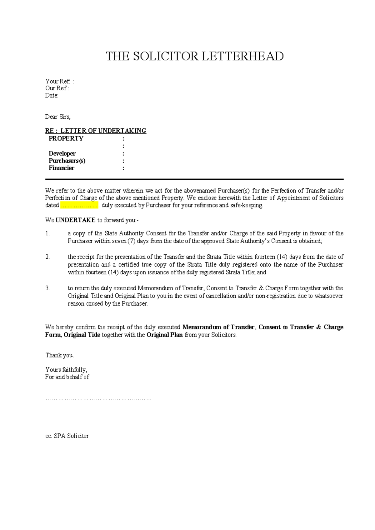 Solicitor Undertaking to Developer - Property Transfer Details - Studocu
