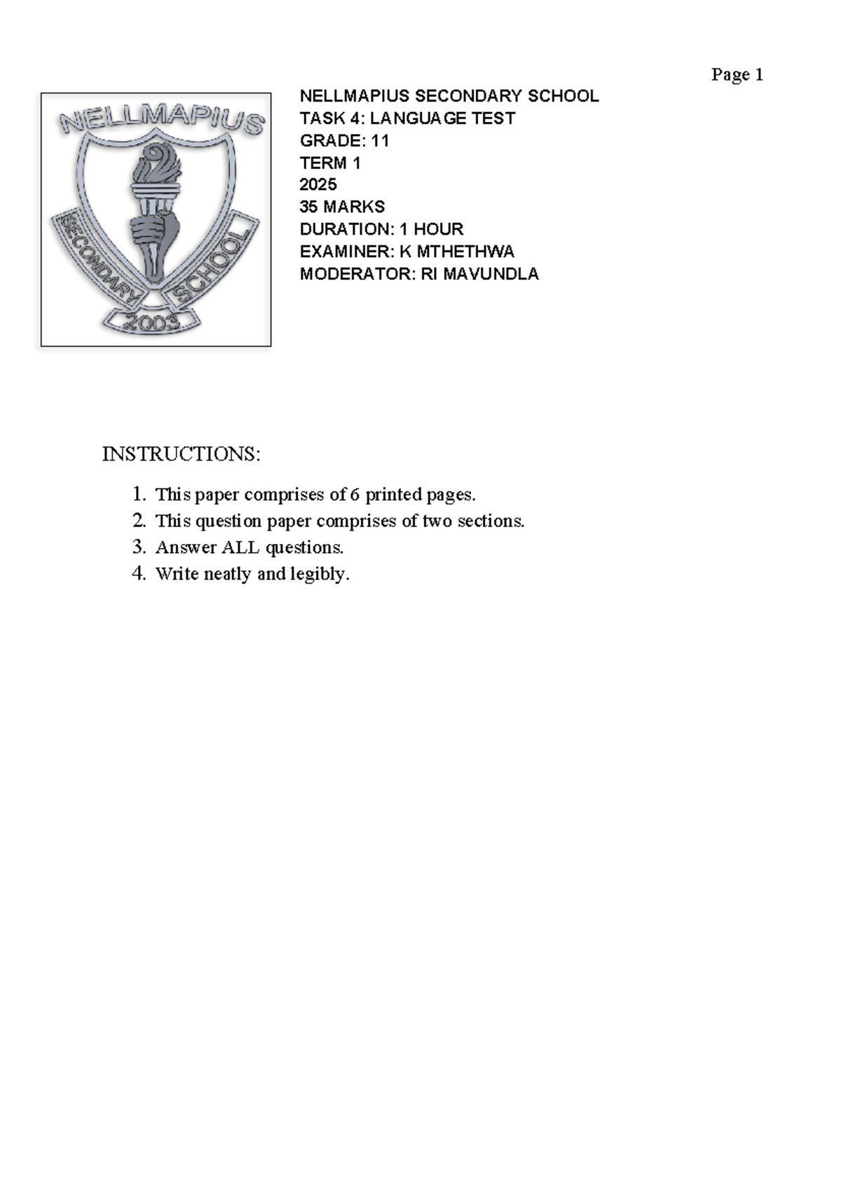 Grade 11 Term 1 Language Test - March Past Paper 2025 - Studocu