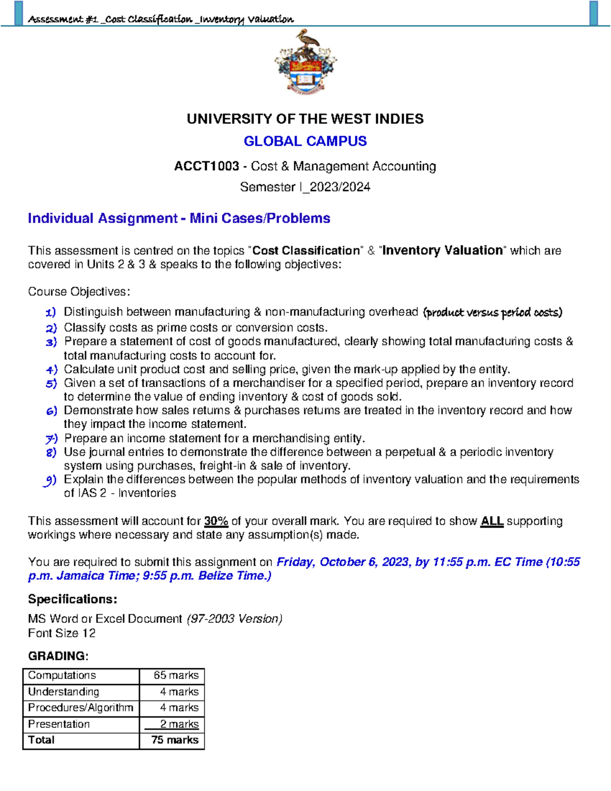 ACCT1003 Assignment #1: Cost Classification & Inventory Valuation - Studocu