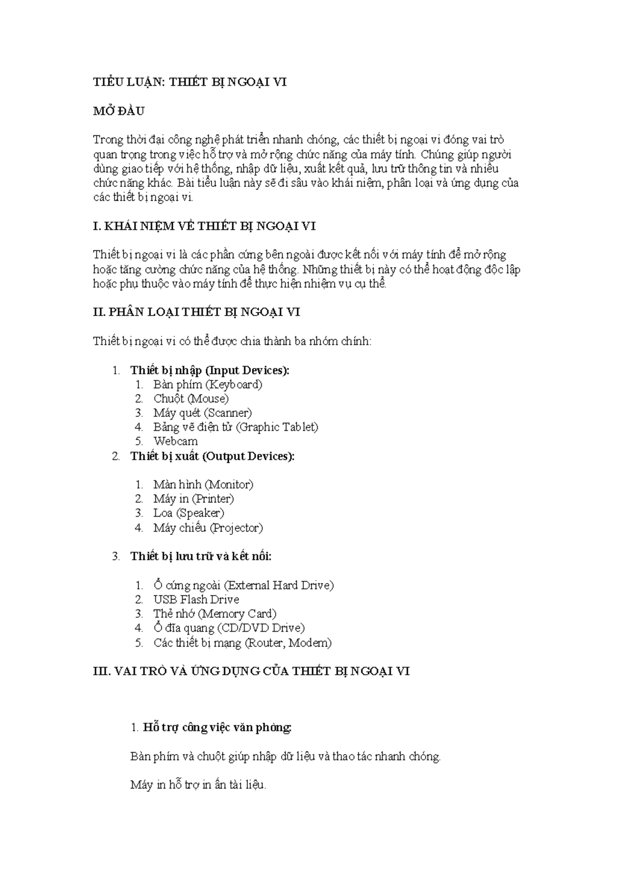 TIỂU LUẬN - fdfsdf - TIỂU LUẬN: THIẾT BỊ NGOẠI VI MỞ ĐẦU Trong thời đại ...