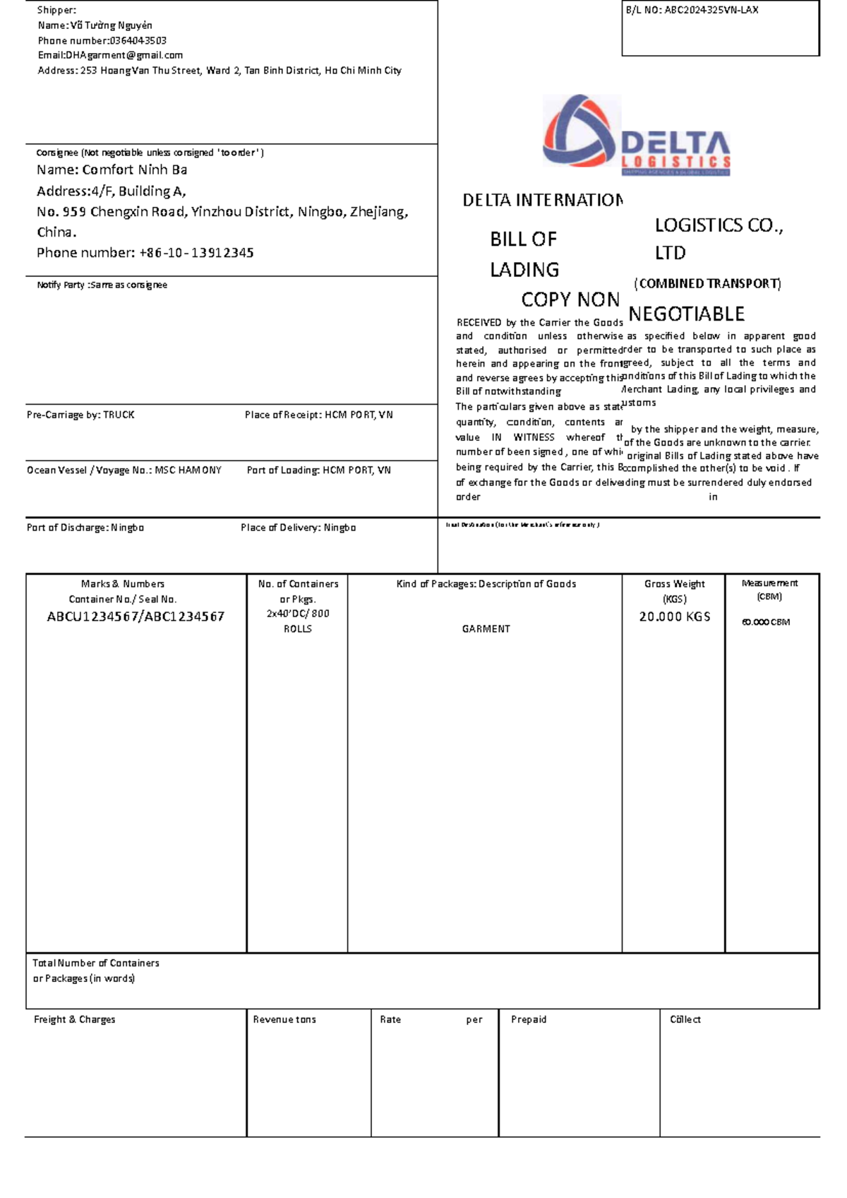 HBL-Form: Shipping Details for Võ Tường Nguyên - Freight Info - Studocu