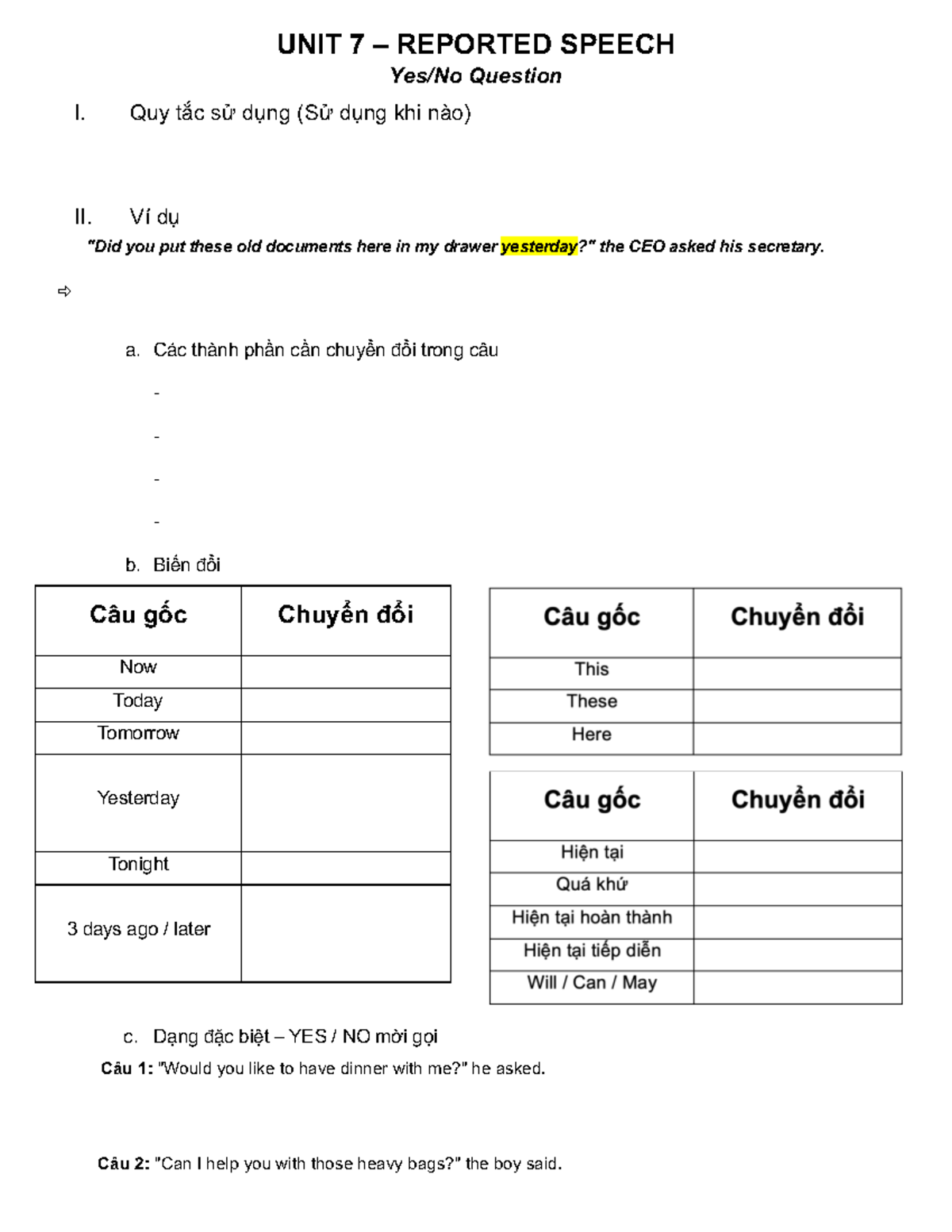 UNIT 7 REPORTED SPEECH: Rules and Examples for Practice - Studocu