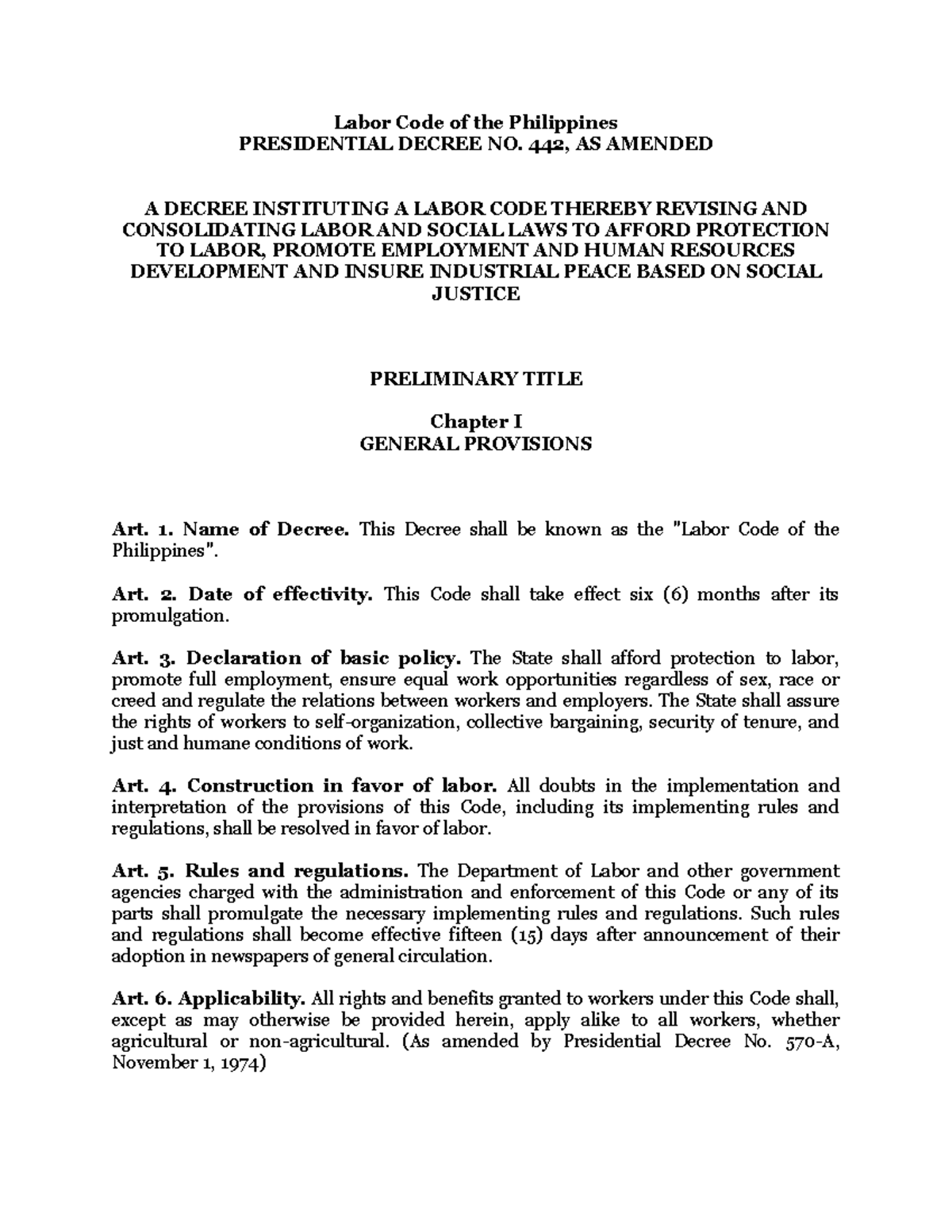 PD 442 - Labor Code of the Philippines - Labor Code of the Philippines ...