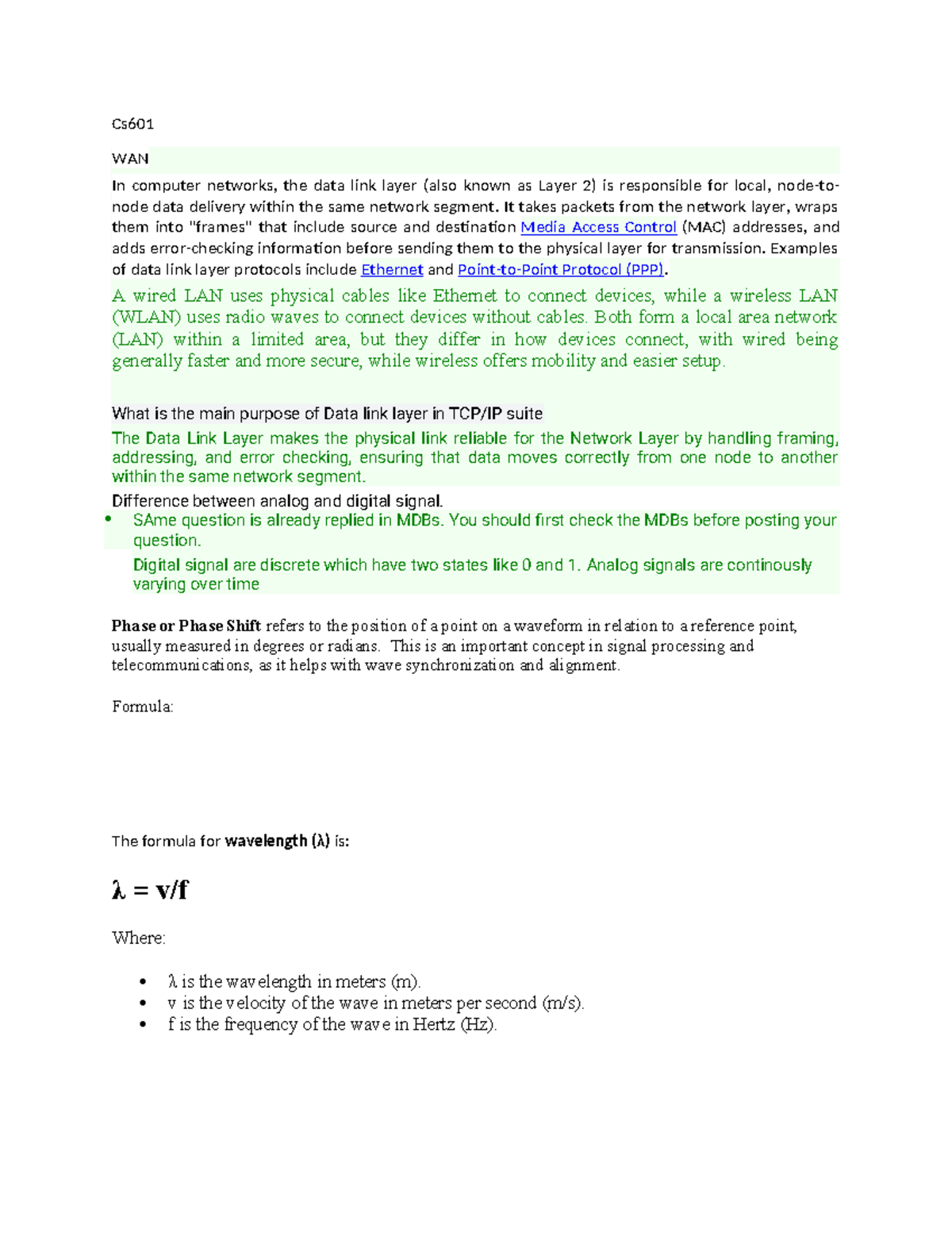 Cs601 Data Link Layer Overview and Key Concepts - Studocu