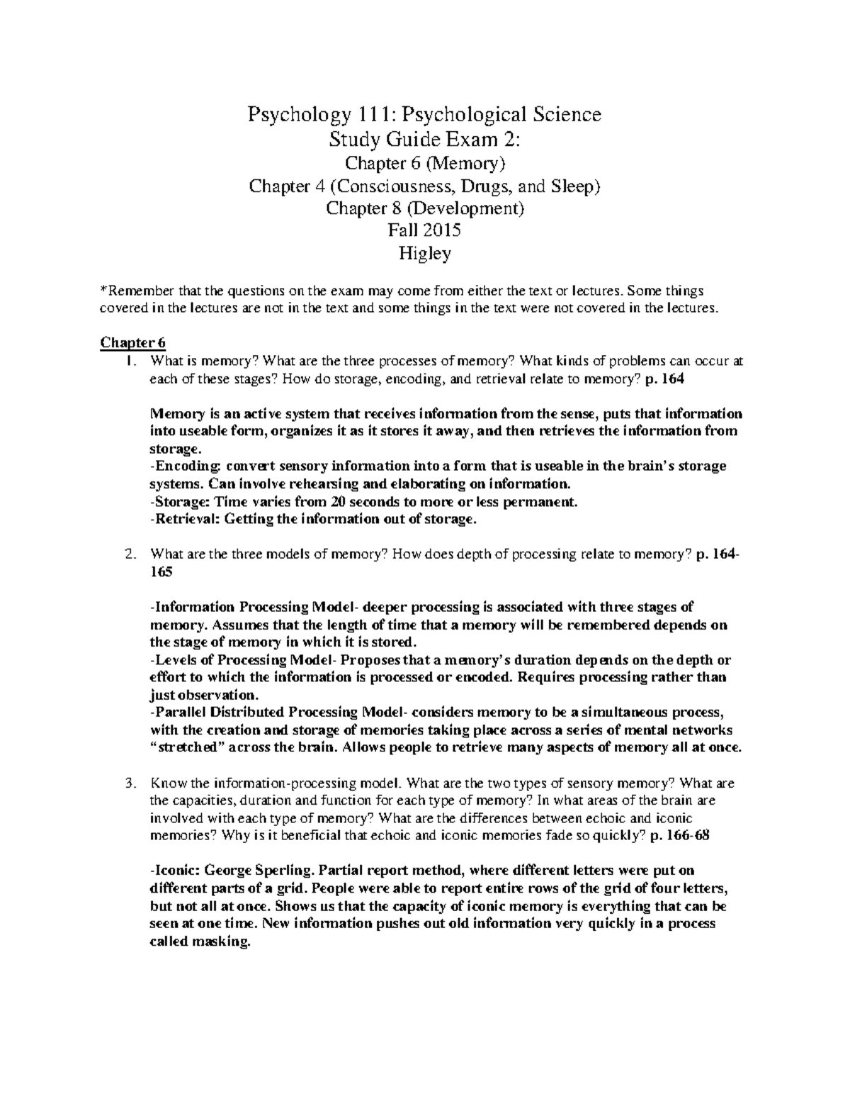 Psych 111 Exam 2 Study Guide: Memory, Consciousness, and Development ...