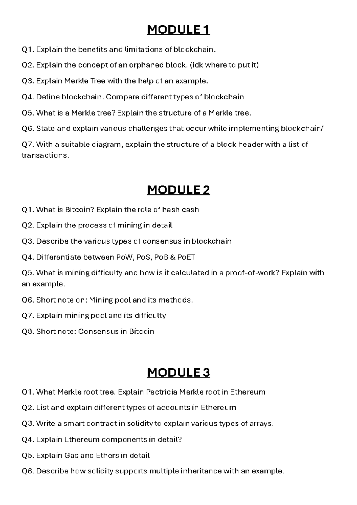 PYQ: Blockchain & Ethereum Concepts - Module-Wise Breakdown - Studocu