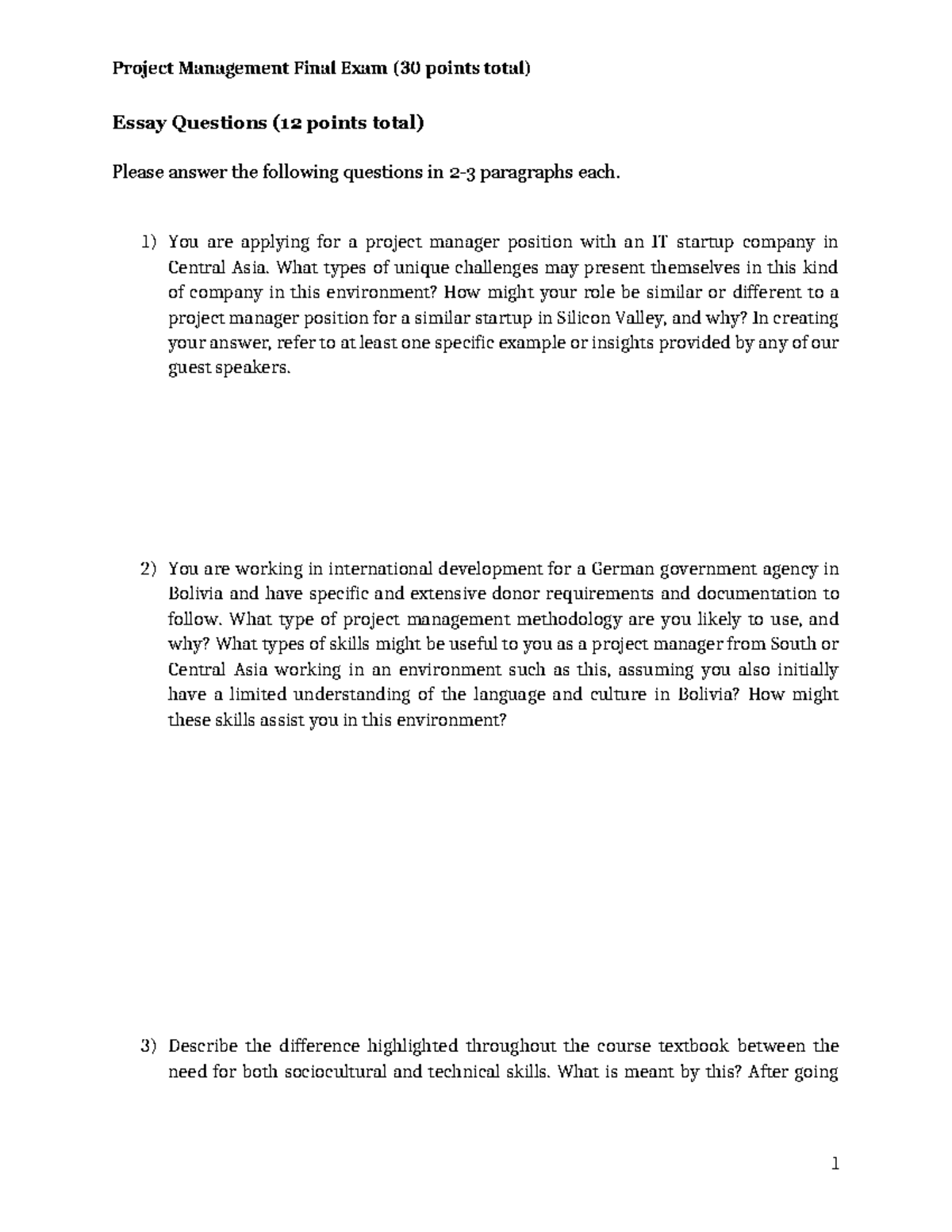 Project Management Final Exam (30 pts) - Essay & Calculation Questions ...