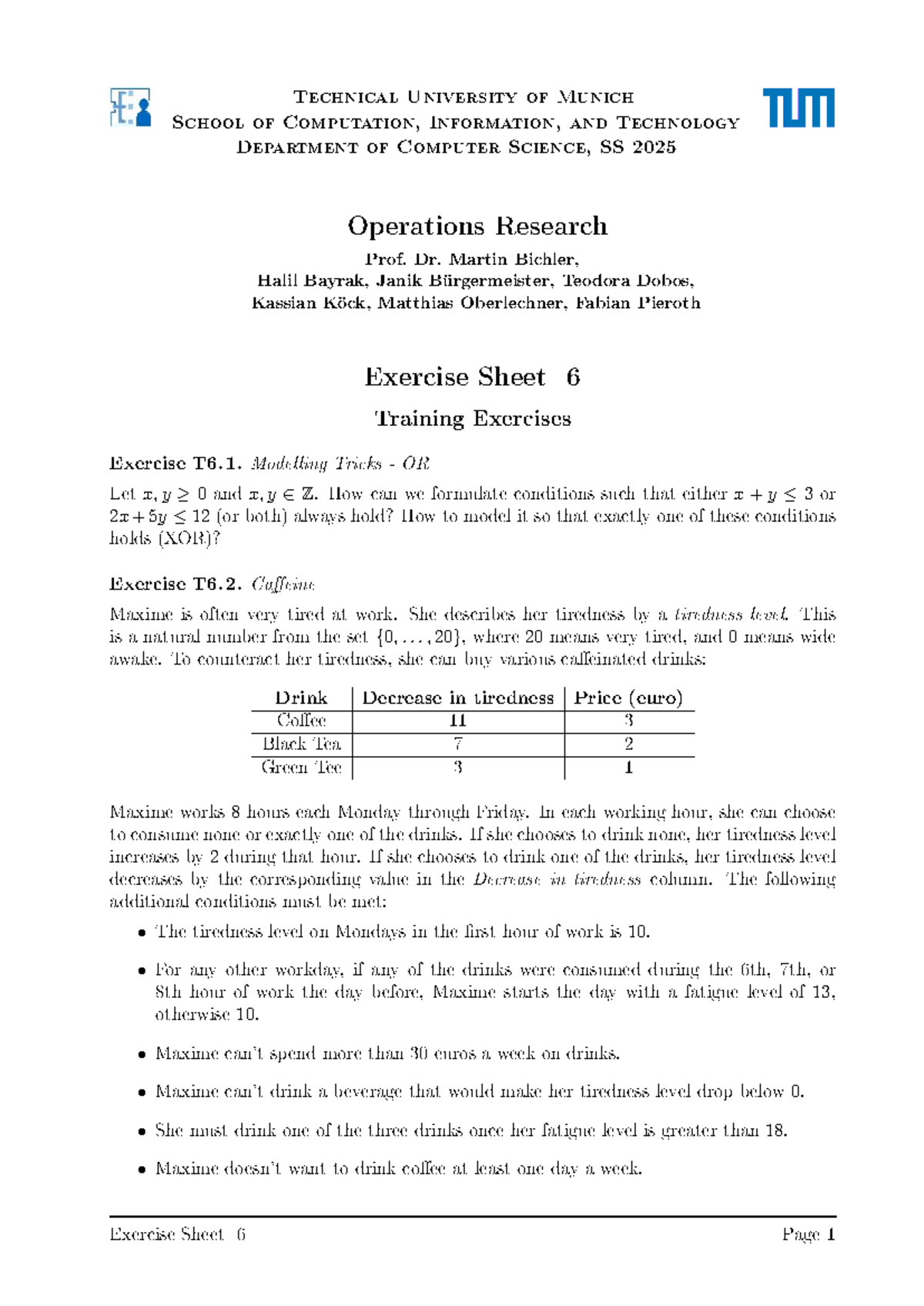 Operations Research Exercise Sheet 6 - TUM SS 2025 - Studocu