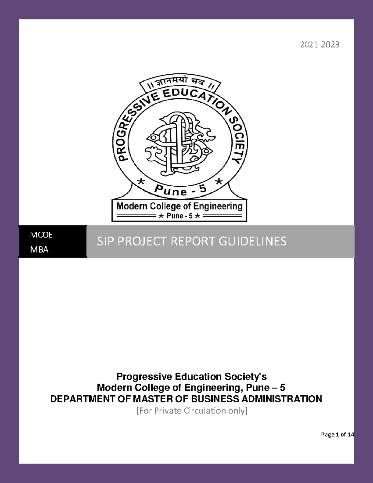 SIP Project Report Guidelines for MBA (2021-2023) at MCOE - Studocu