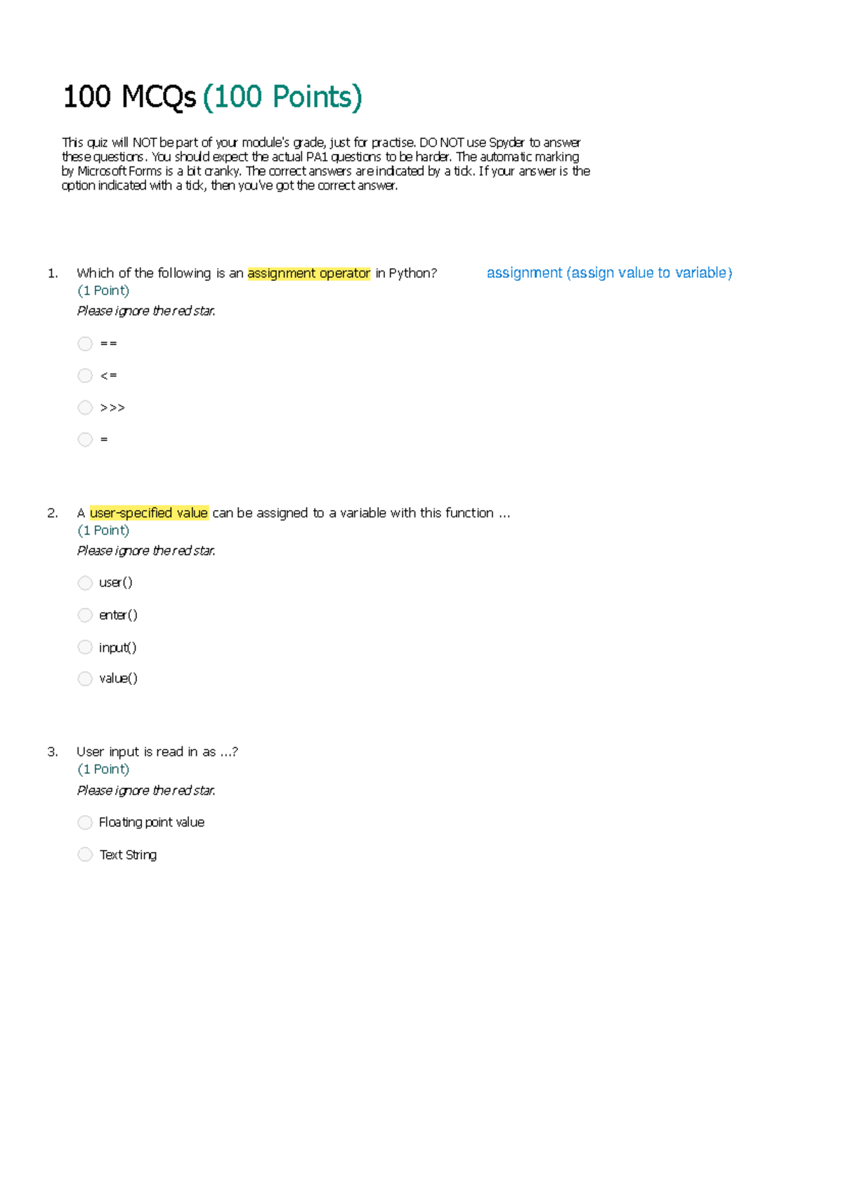 100 MCQs Practice Quiz for Course 1211 - Studocu