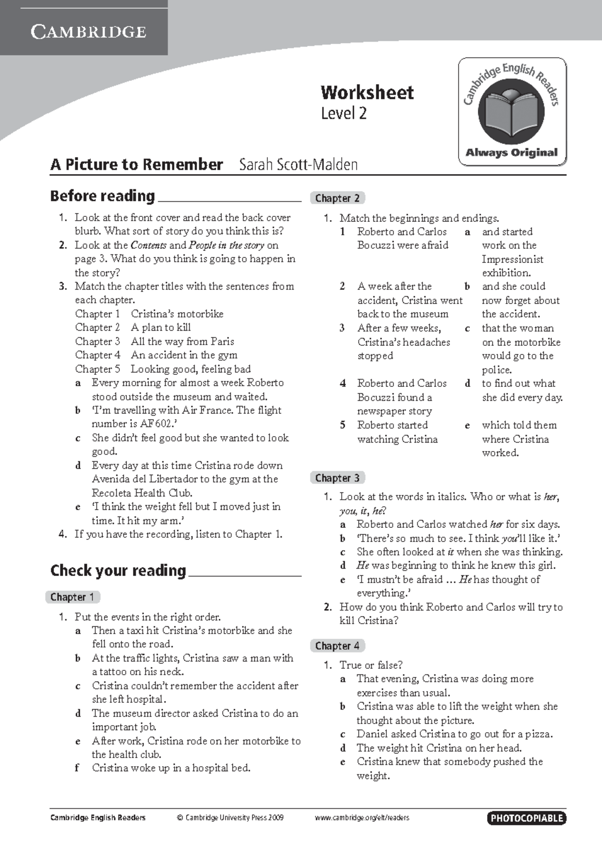 Cambridge English Readers Level 2: A Picture to Remember Worksheet ...