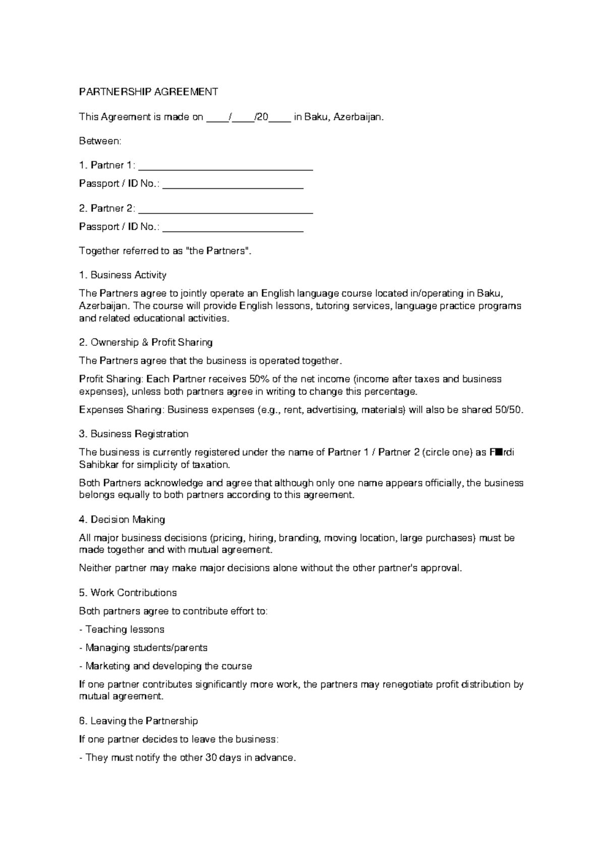 Partnership Agreement for English Language Course in Baku - Studocu