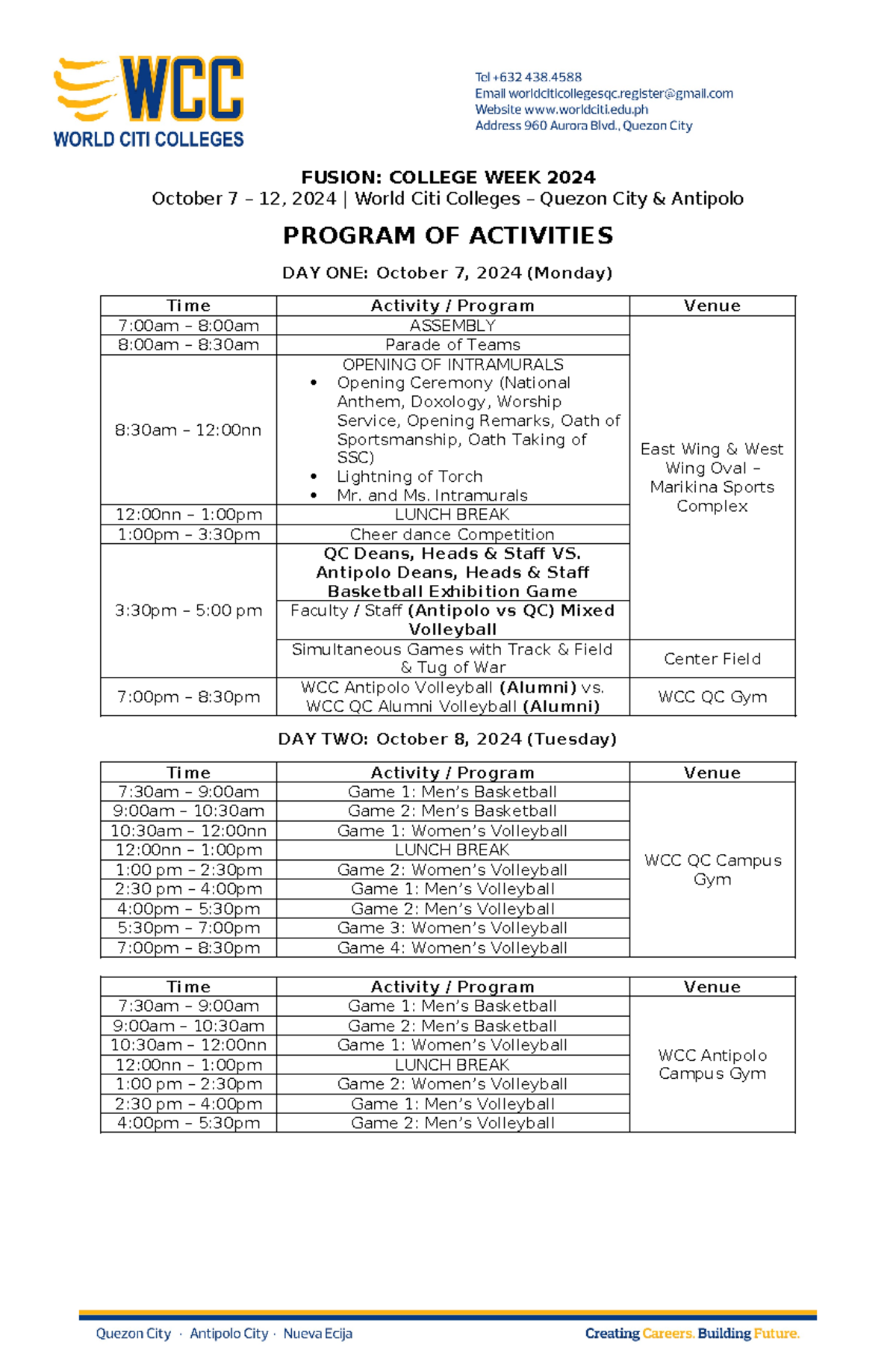 Fusion College Week 2024 Program of Activities Schedule - Studocu