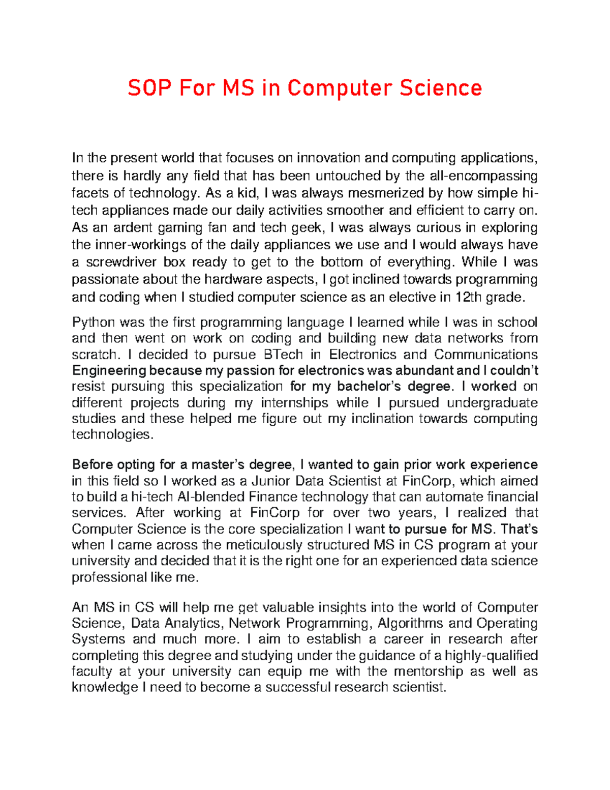 SOP For MS in Computer Science - As a kid, I was always mesmerized by ...