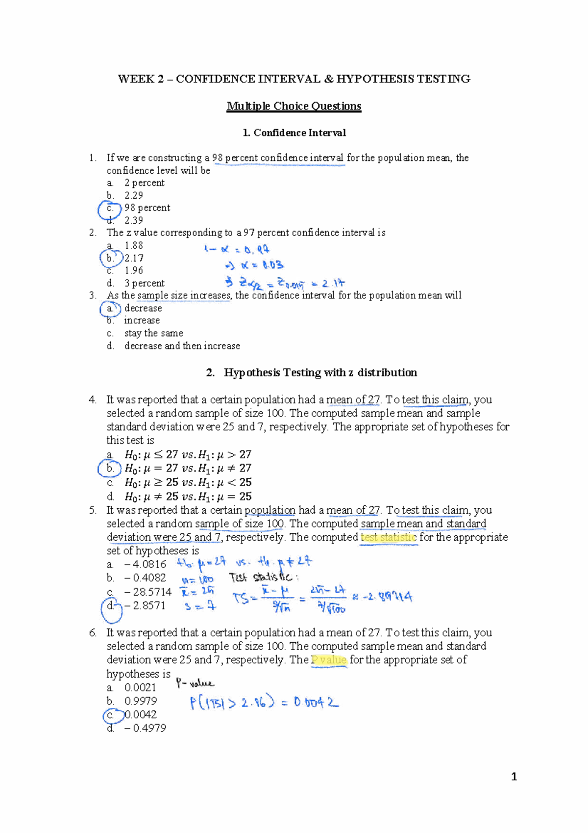 WEEK 2: Confidence Interval & Hypothesis Testing MCQs - Studocu