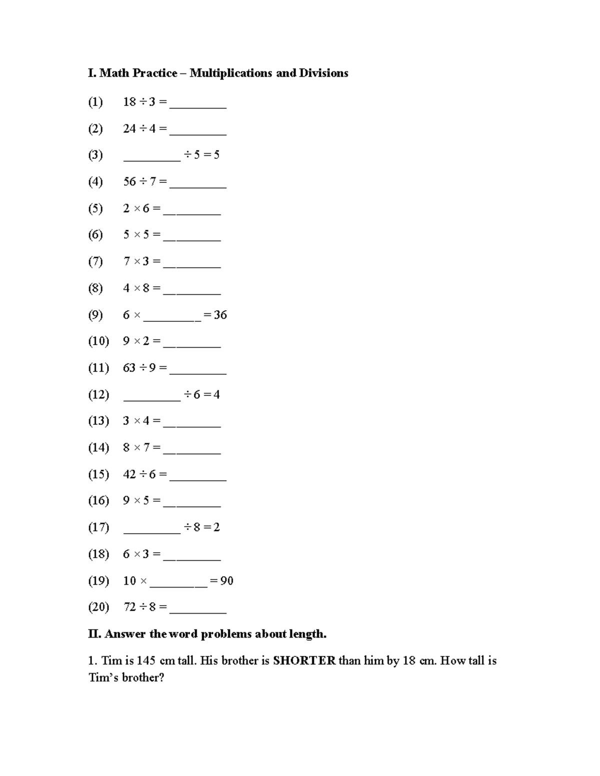 Math Practice Multiplication Division - I. Math Practice ...