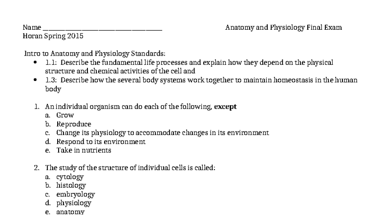 Anatomy and Physiology (BIO 101) Final Exam Study Guide - Studocu
