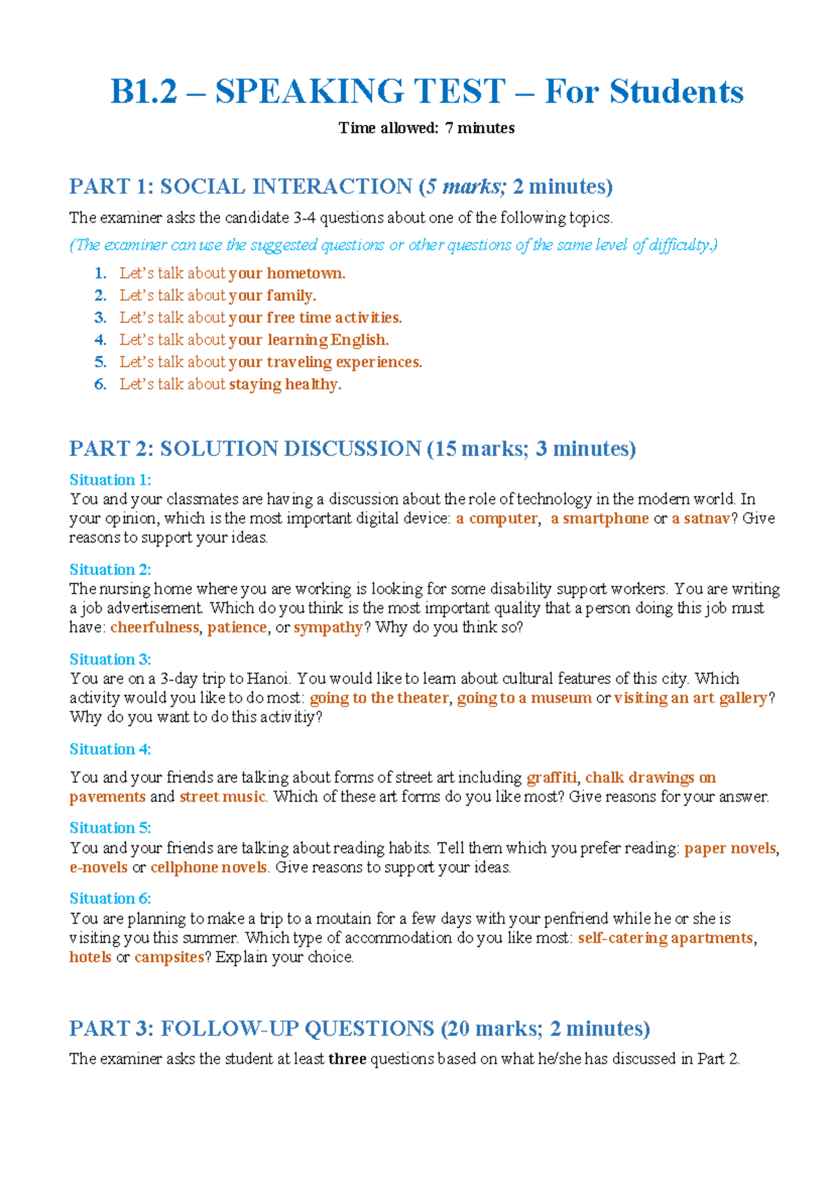 B1.2 Speaking Test Guidelines for Students - 2023 Edition - Studocu