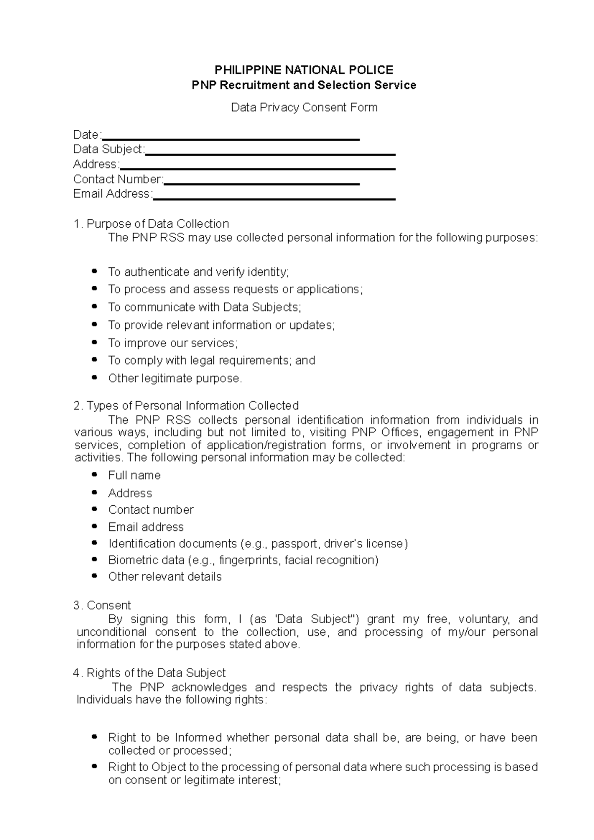 PNP Recruitment & Selection Service Data Privacy Consent Form - Studocu