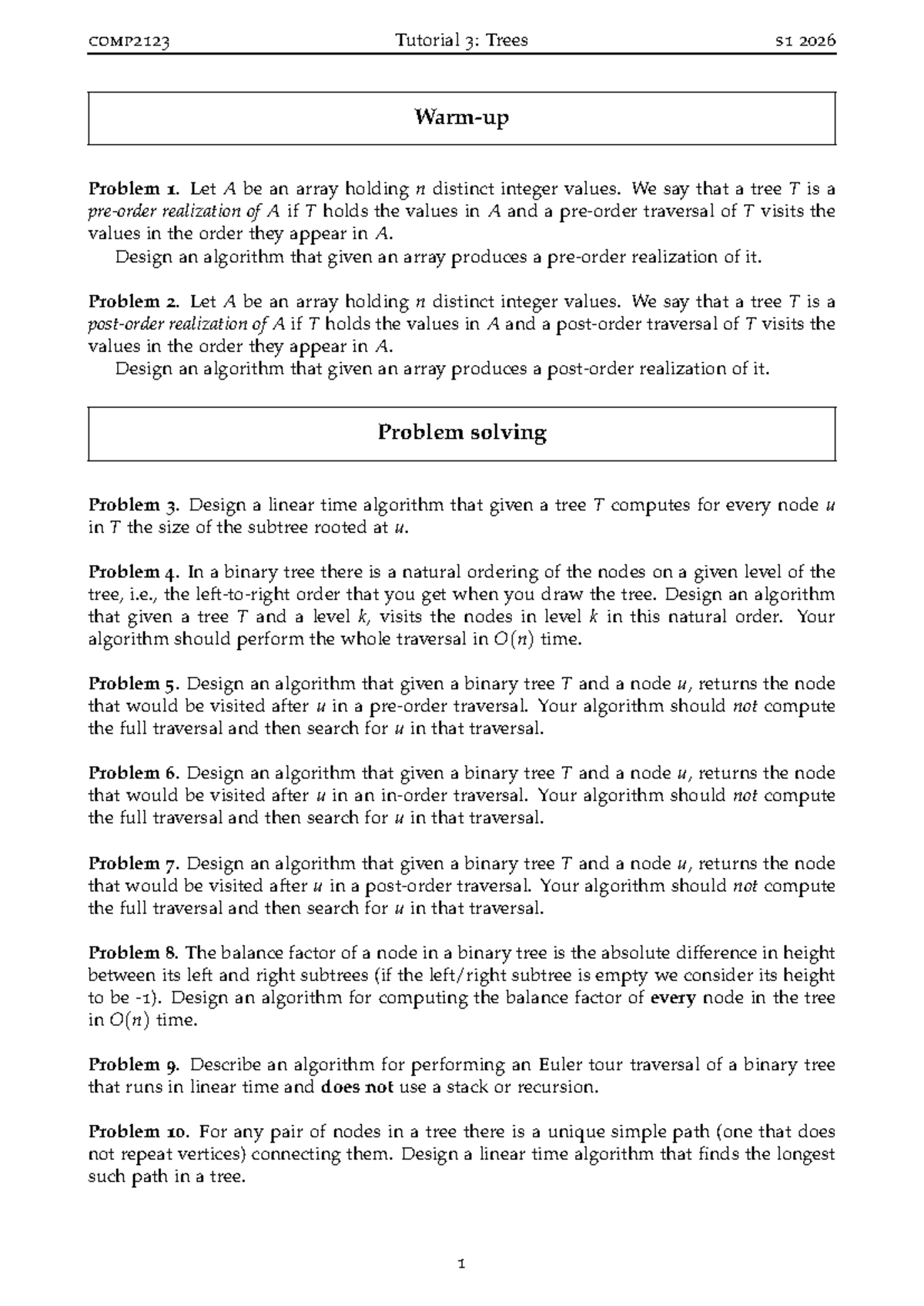 COMP2123 Tutorial 3: Tree Algorithms and Problem Solving s1 2026 - Studocu