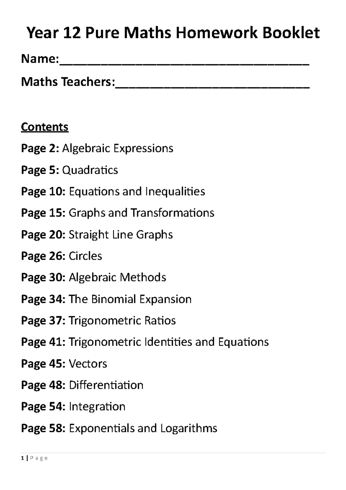 Y12 Pure Maths Homework Booklet: Algebra, Quadratics & More - Studocu