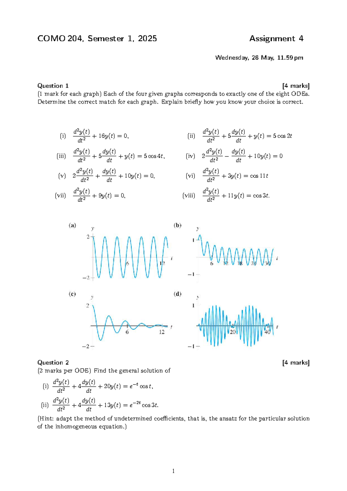 COMO 204, Semester 1, 2025 Assignment 4: ODE Graph Matching & Solutions ...