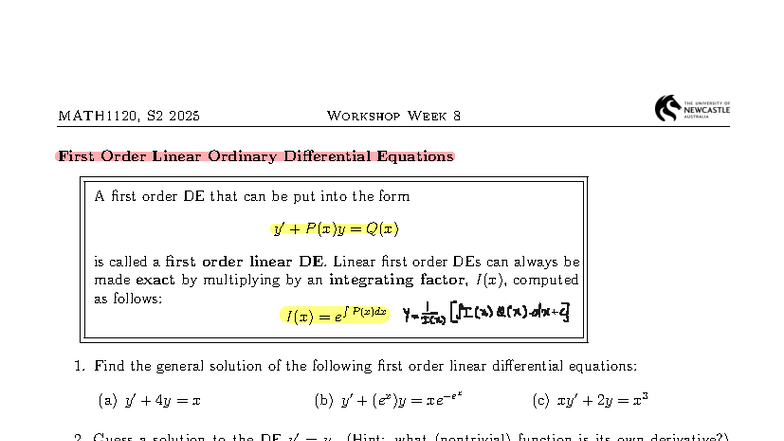 MATH1120 S2 2025 Workshop Week 8: First Order Linear DEs & Solutions ...