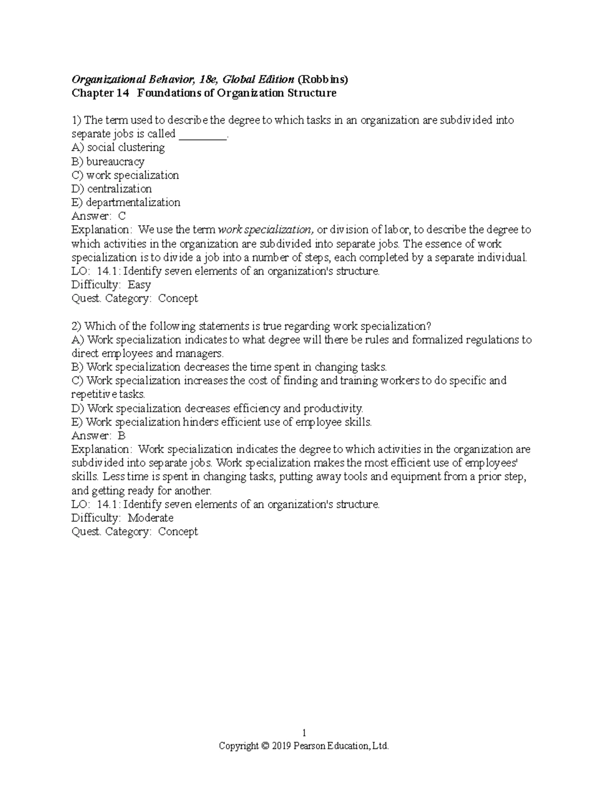 Chapter 15 - test bank - Organizational Behavior, Updated 18e, Global ...