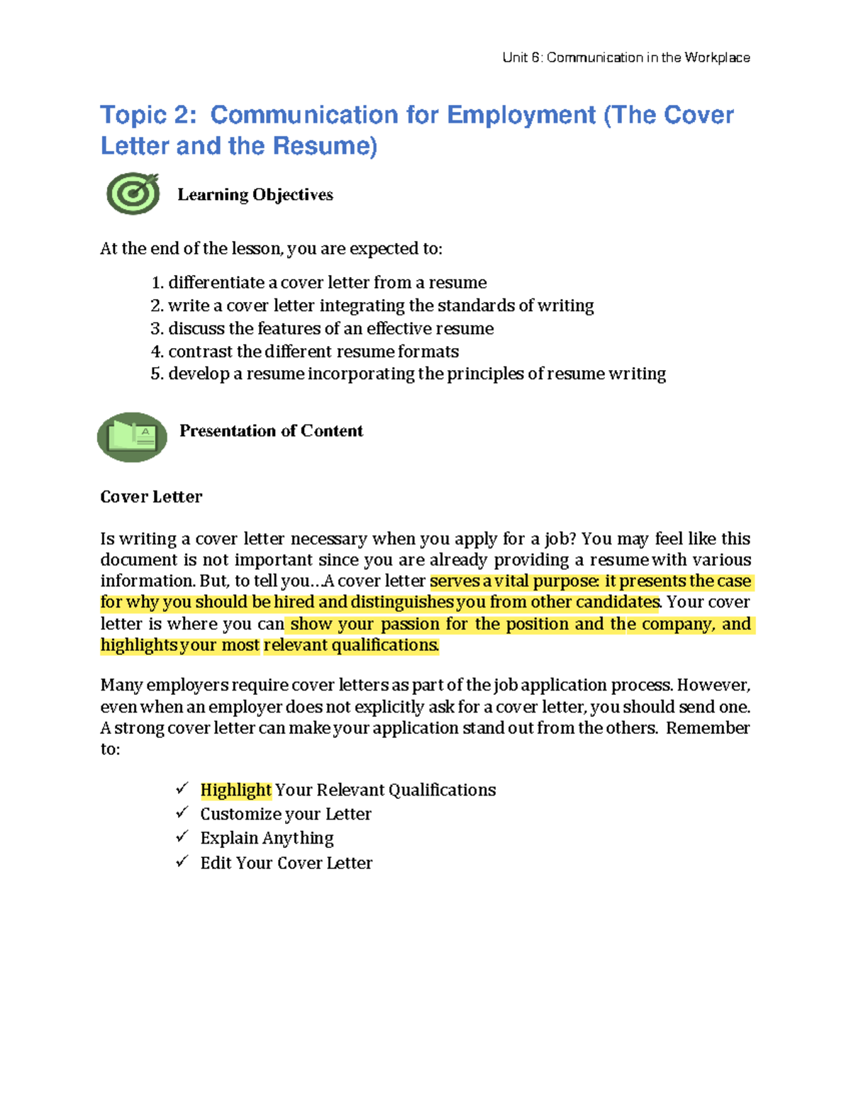Unit 6: Communication in the Workplace - Cover Letter & Resume Guide ...
