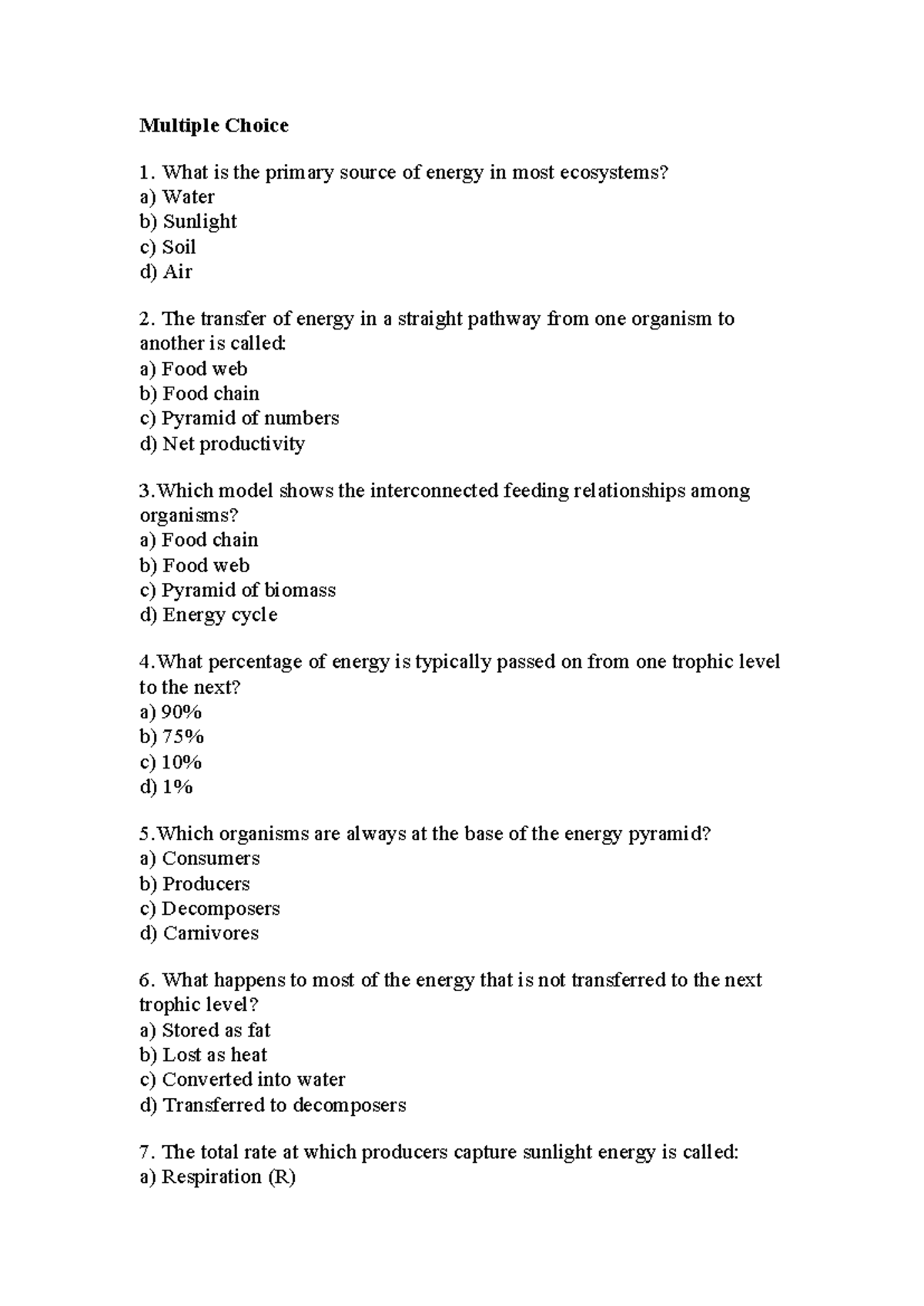 Energy-Flow Notes: MC Questions on Ecosystem Energy Transfer - Studocu